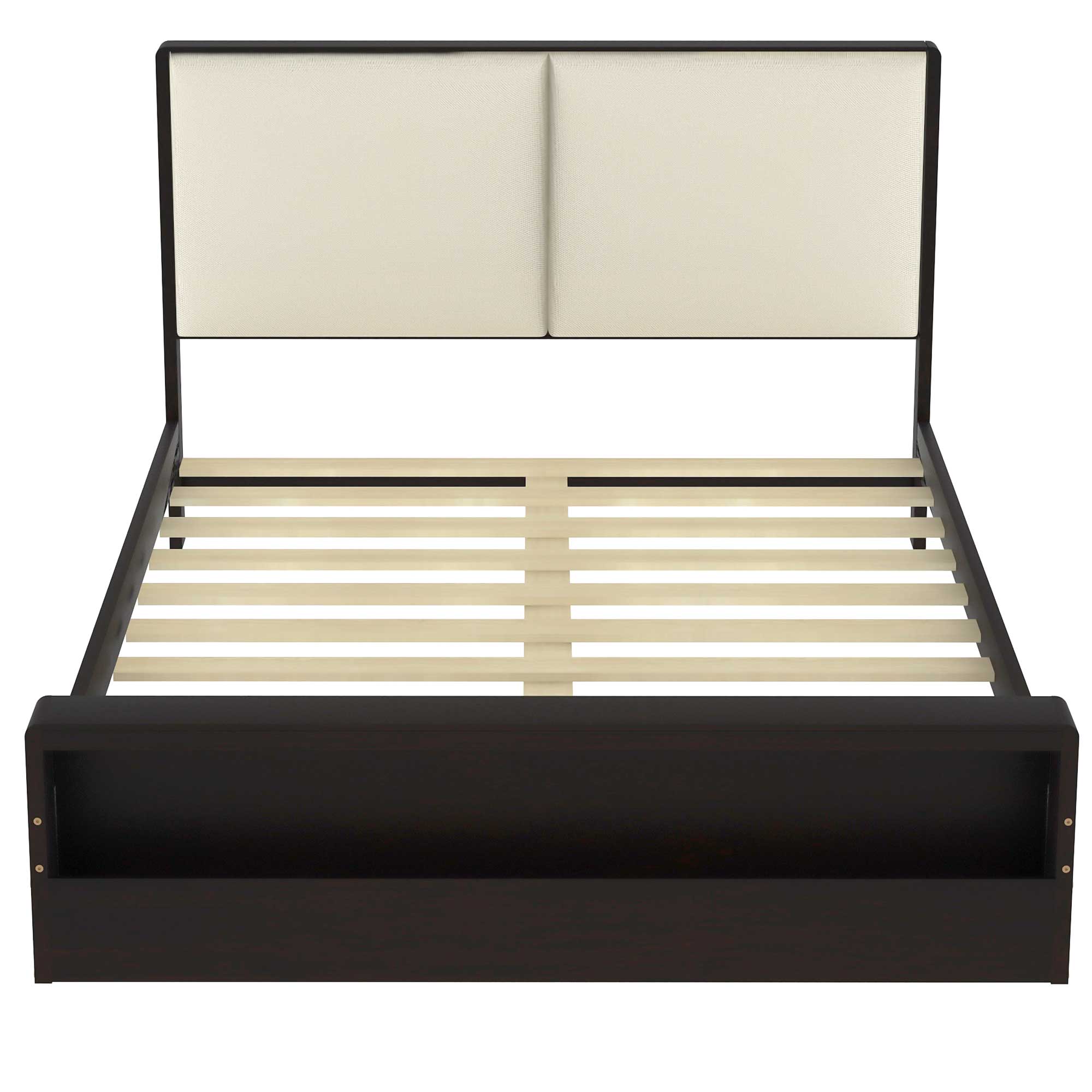 King/Queen Size Platform Bed Frame with Upholstery Headboard and Bookshelf in Footboard and LED Light Strips, Espresso