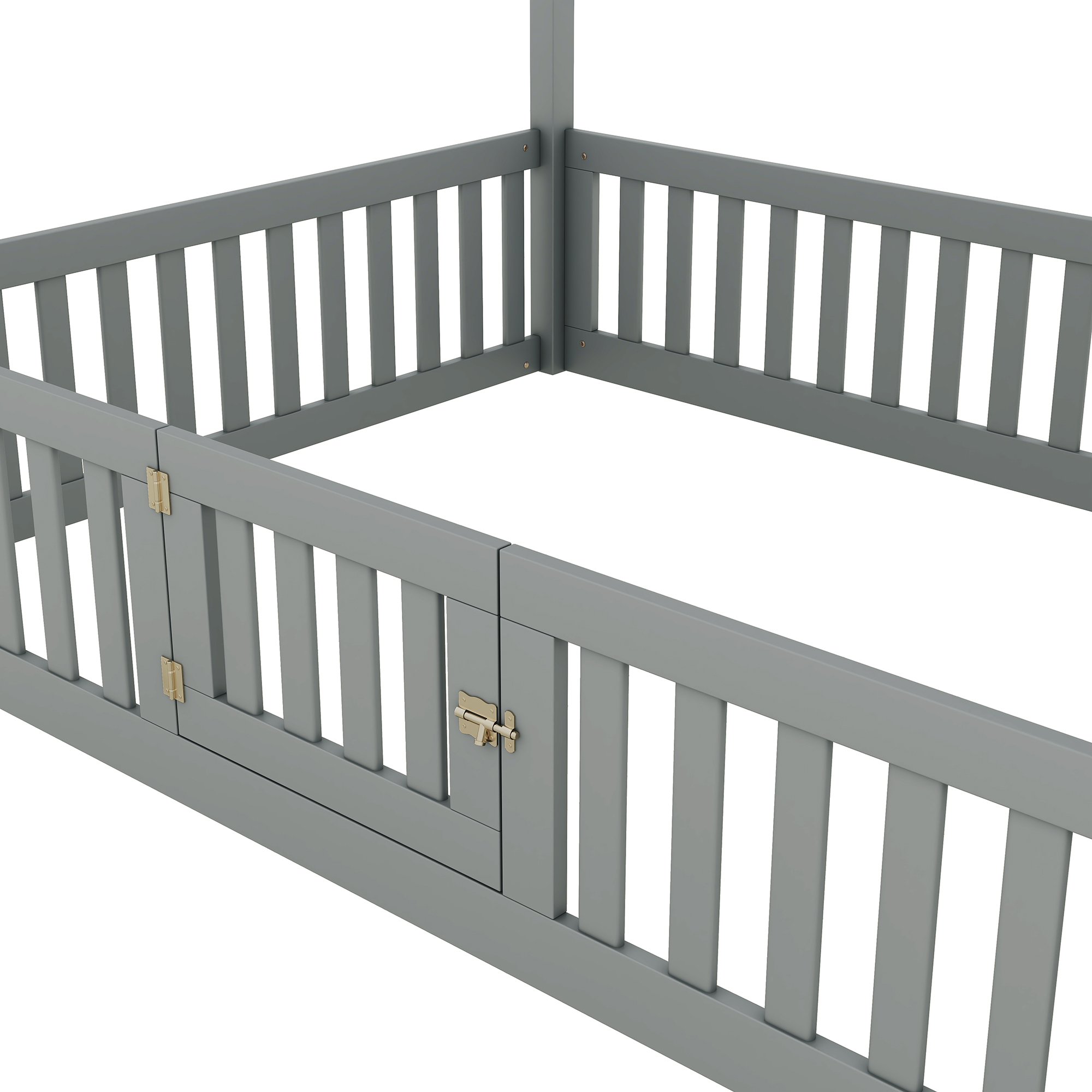 Twin/Full Size Wood House Bed with Fence and Door, Gray/White