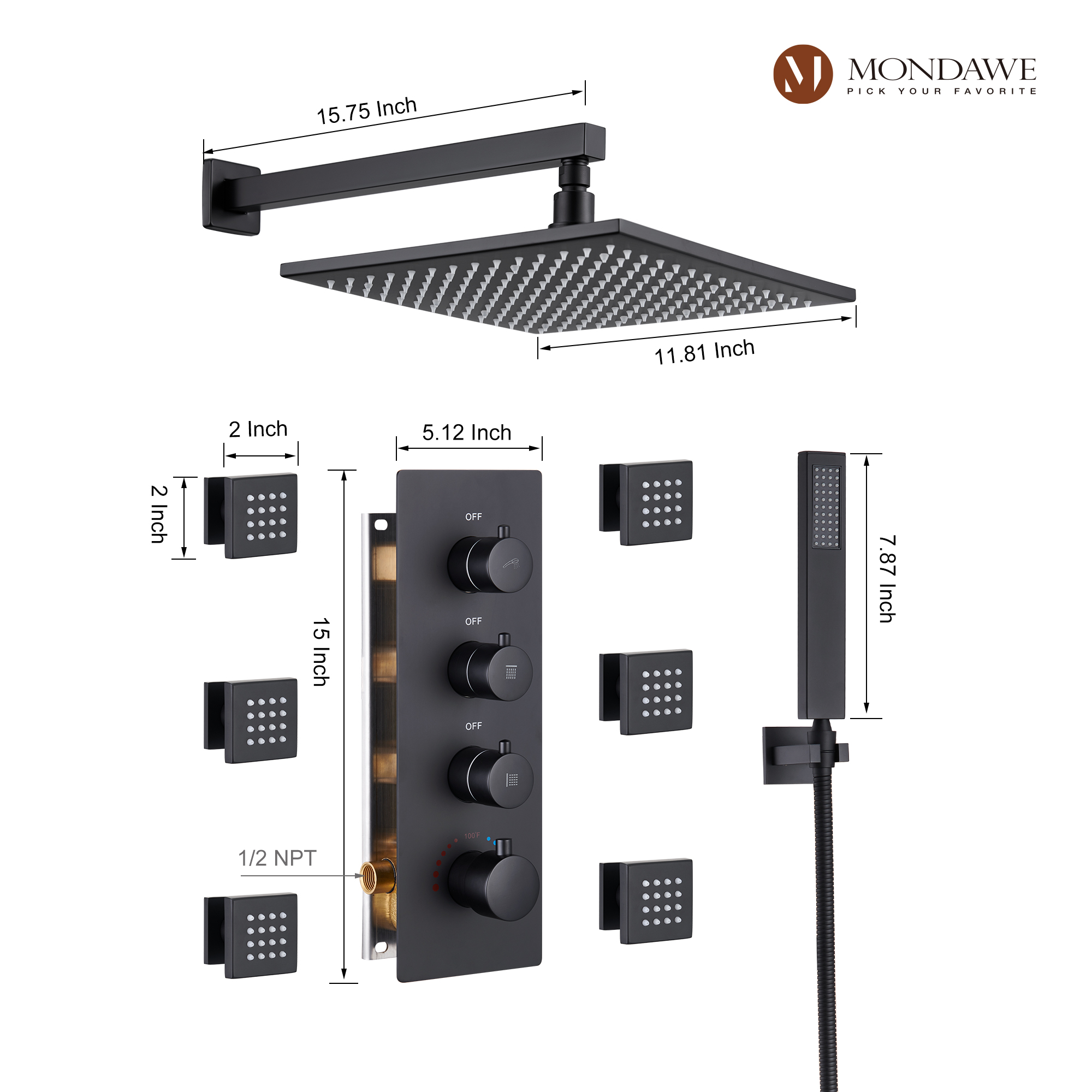 Mondawe Luxury Wall Mount Rain Shower Head with 6 Shower Jet and LED 3-Spray Patterns Thermostatic 12 in. -Mondawe