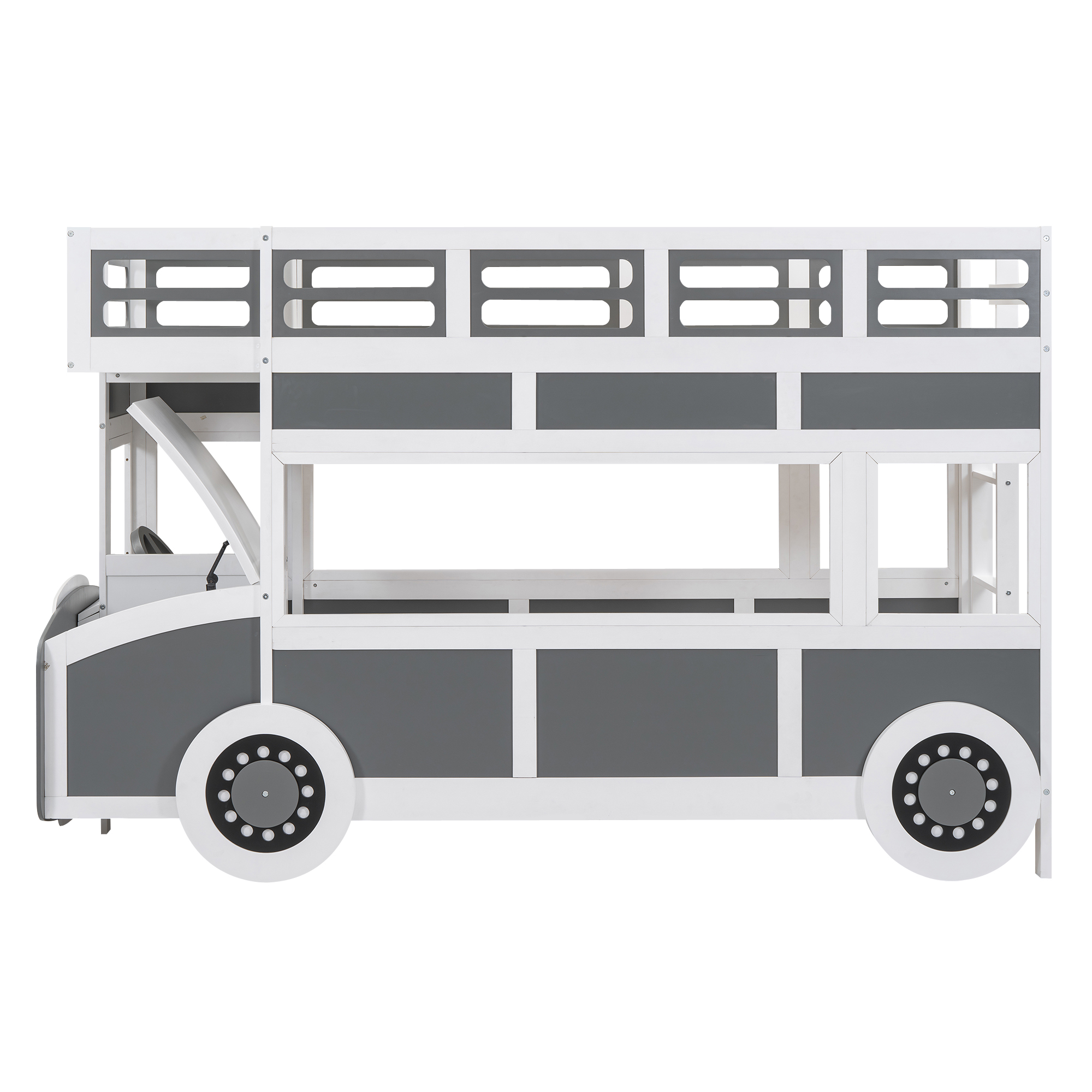 Twin over Twin Bus-shaped Bunk Bed with Wheels and Storage, Gray+White 