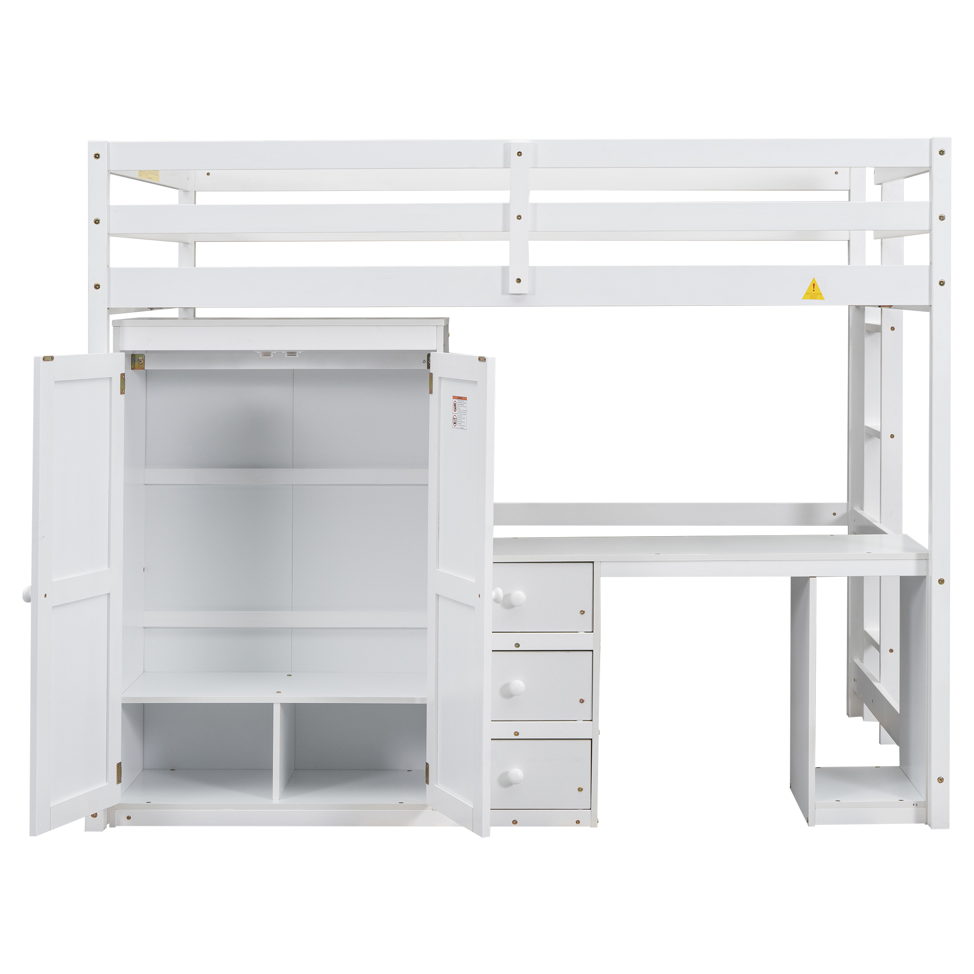 Full/Twin Size Loft Bed with Wardrobe, Desk and Storage Drawers, Gray/White