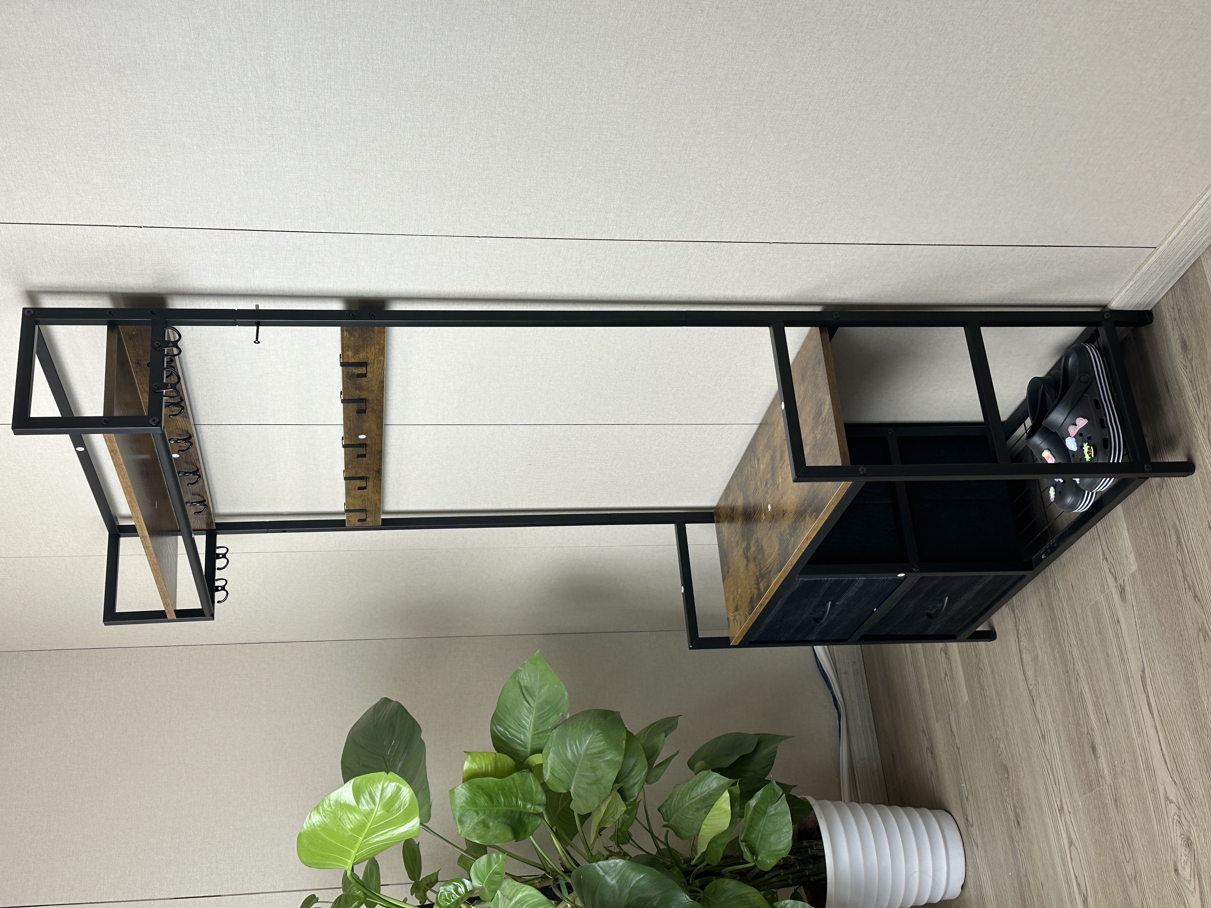 33.1" Wide Hall Tree with 2 Movable Drawers, Shoe Storage, Shelves and Garment Racks, 5-in-1 Entryway Bench with 23 Hooks (Fixed and Movable) 