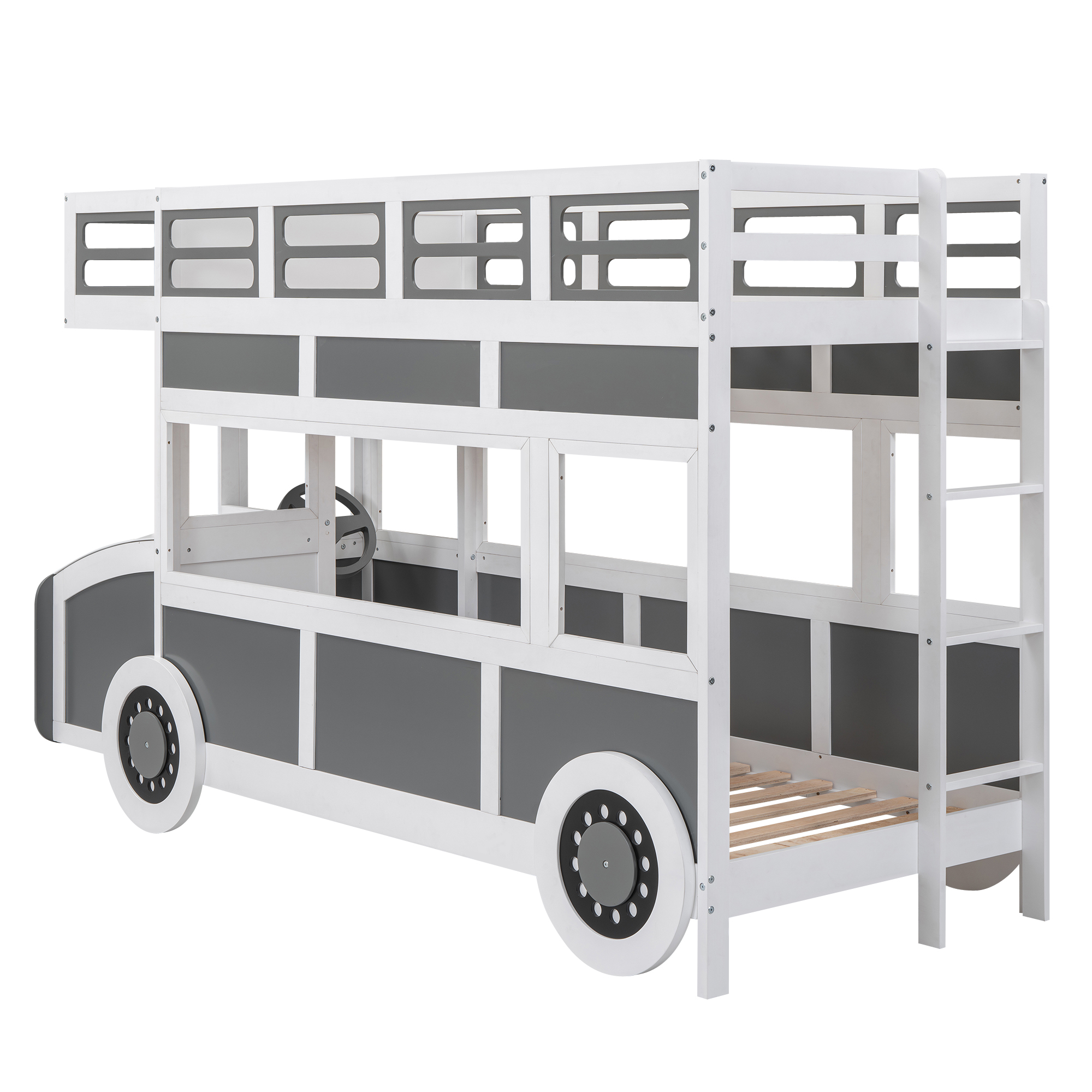 Twin over Twin Bus-shaped Bunk Bed with Wheels and Storage, Gray+White 