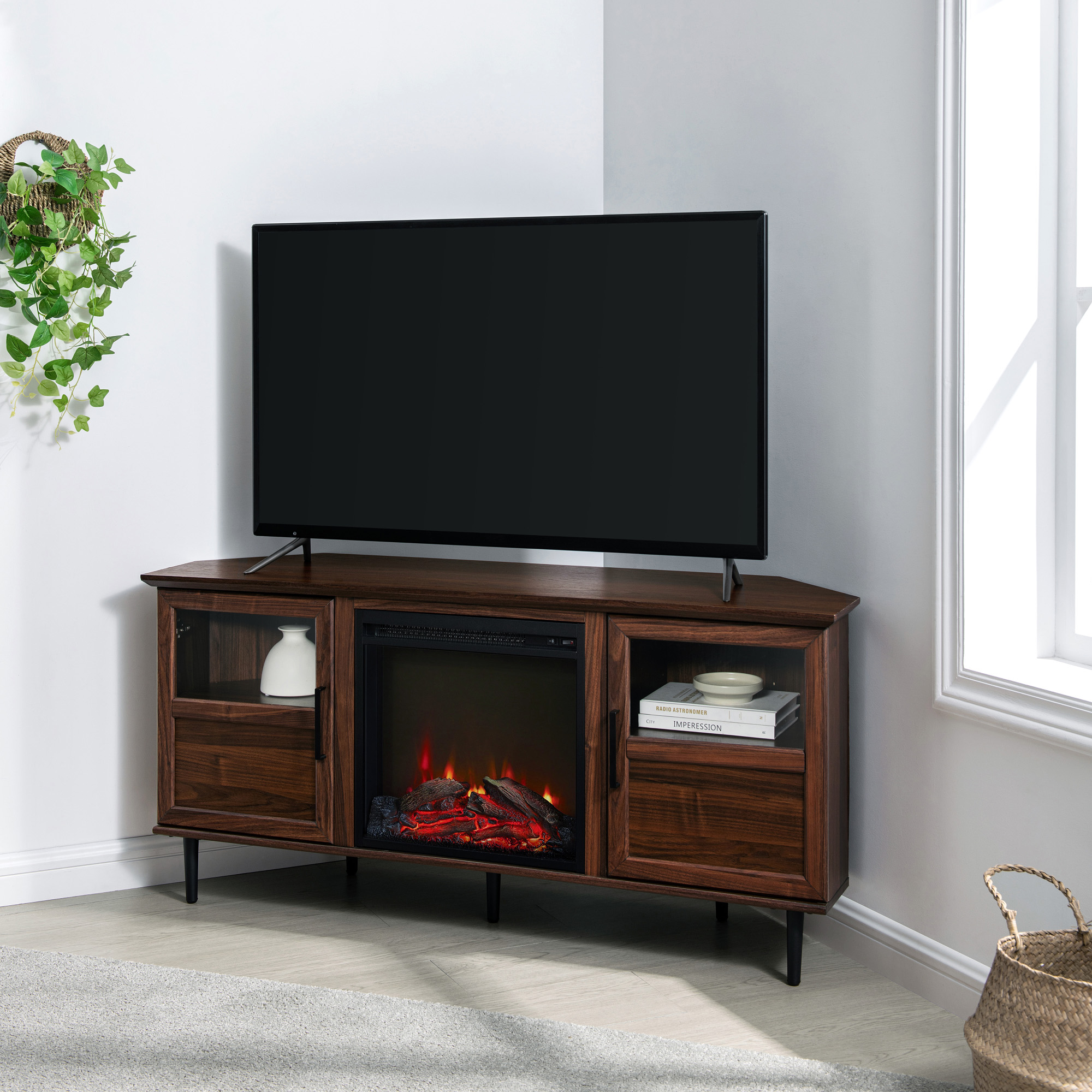Modern Angled-Side Fireplace Corner TV Stand for TVs up to 10015” – Dark Walnut 