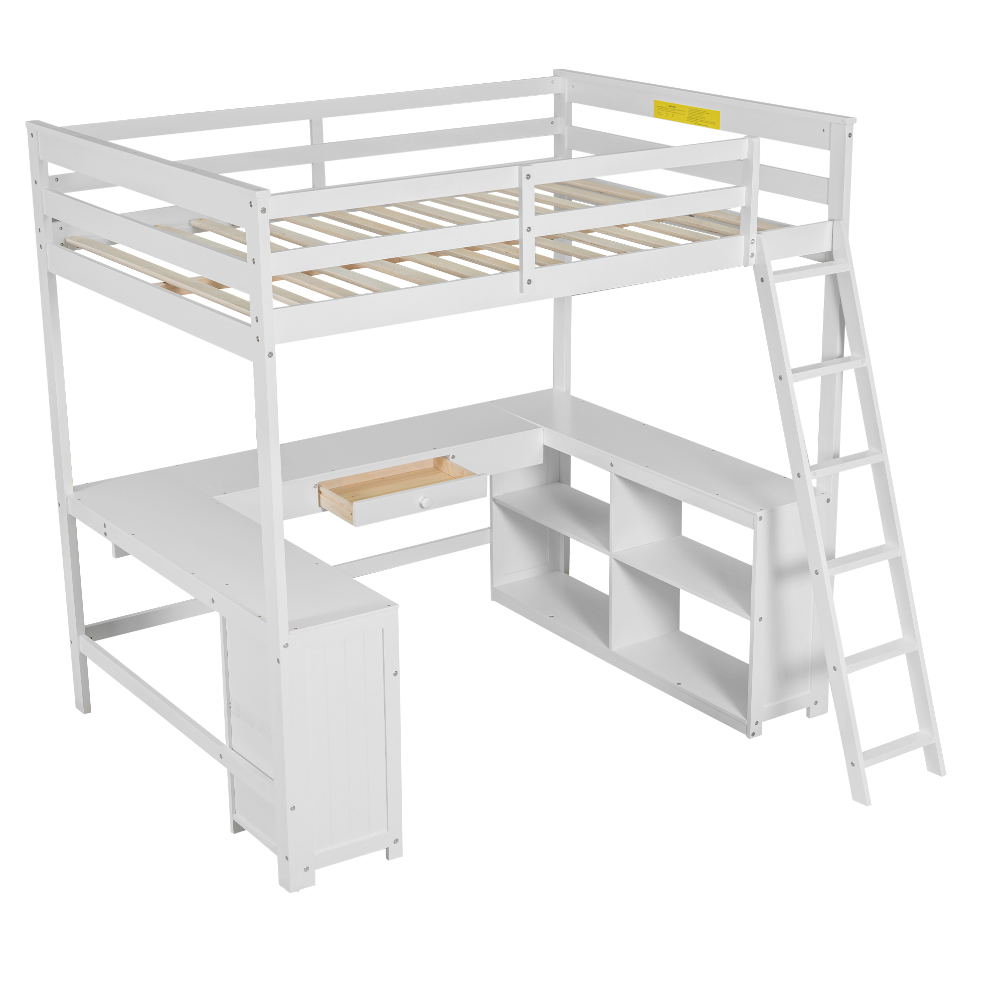 Full/Twin Size Loft Bed with U-shaped Desk, Drawers and Storage Shelves, White/Antique Brown 
