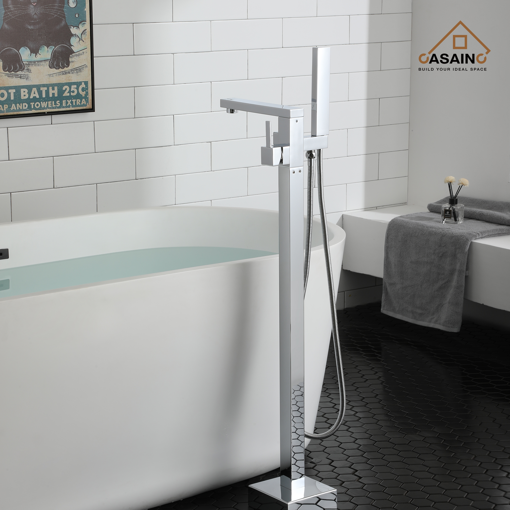 Bathroom Tub Filler with Vertical Spout and Rectangular Hand Shower