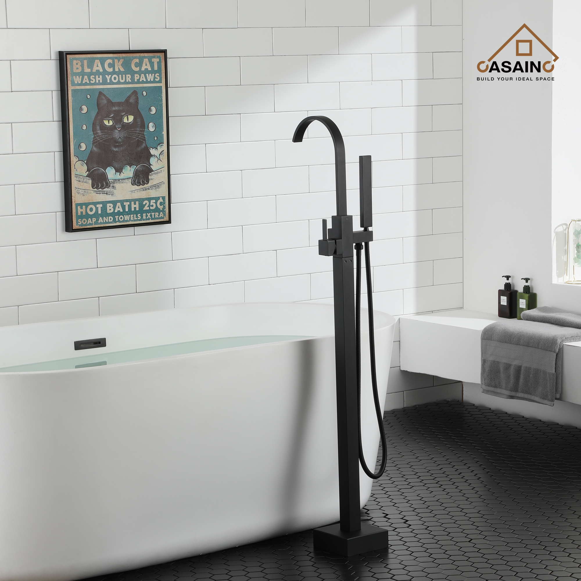 Single-Handle Floor-Mounted Bathtub Faucet High Flow Bathroom Tub Filler with Hand Shower, Brushed Nickel/Matte Black/Chrome