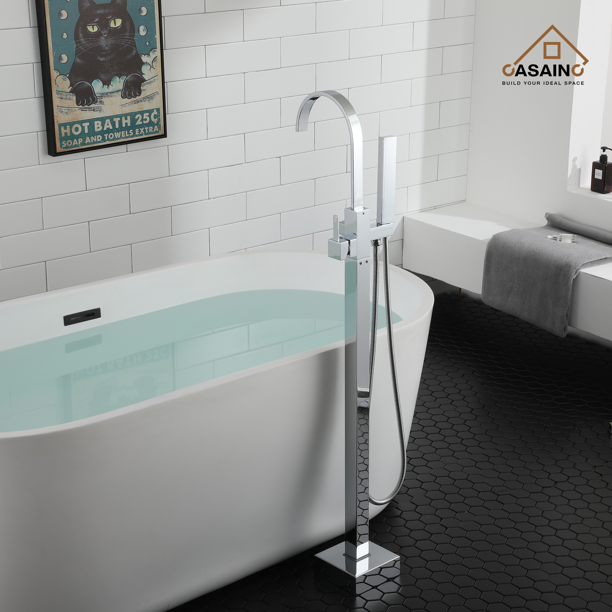 Single-Handle Floor-Mounted Bathtub Faucet High Flow Bathroom Tub Filler with Hand Shower, Brushed Nickel/Matte Black/Chrome