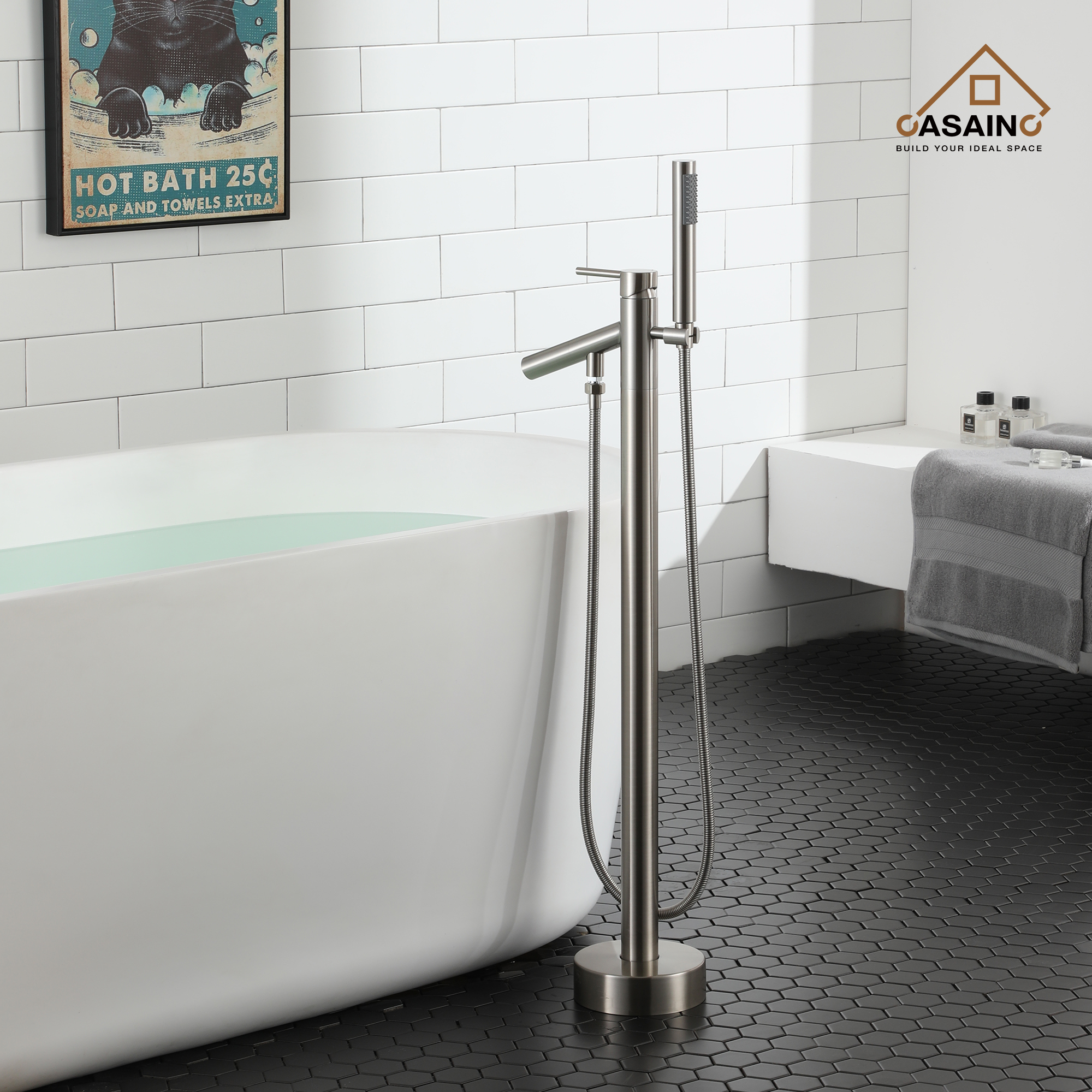 Single-Handle Floor Mount Freestanding Tub Faucet with Hand Shower in. Brushed Nickel/Matte Black/Chrome