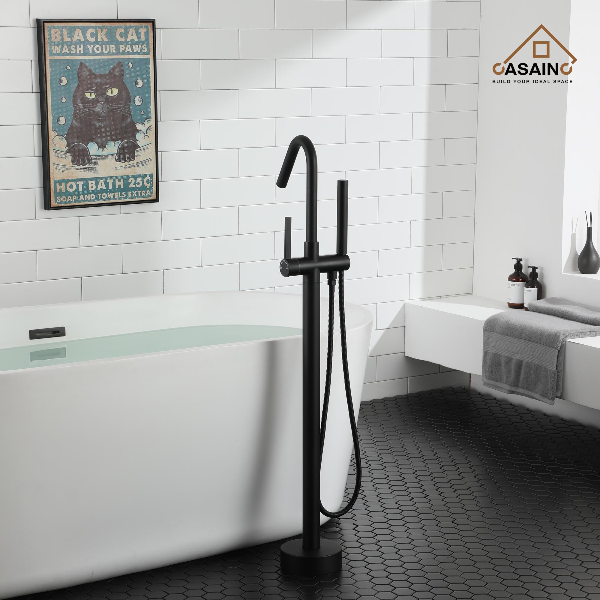 Freestanding Bathtub Faucet with Hand Shower, 360-Degree Swivel Spout, 2.5 GPM High Flow Rate Brushed Brass