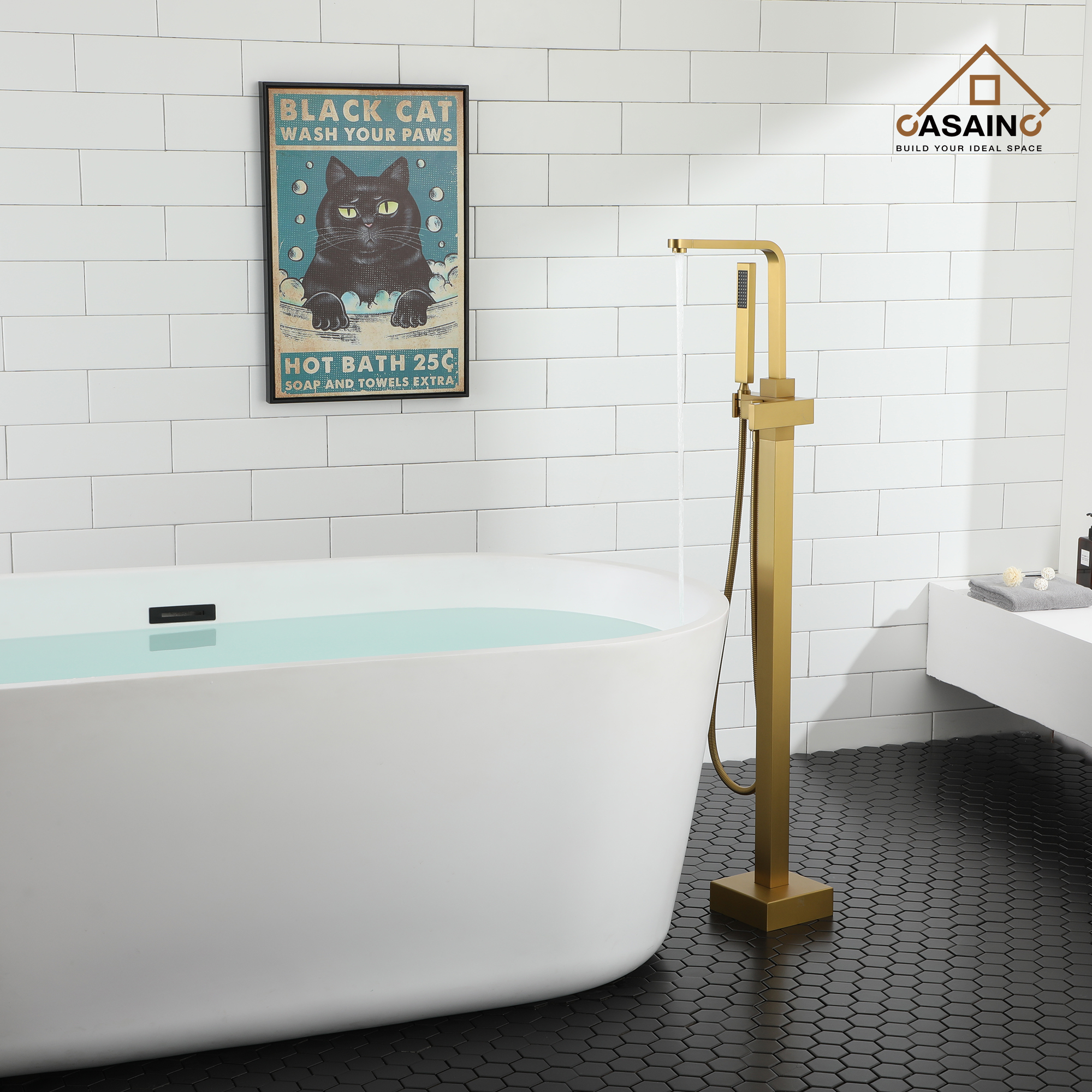 Single-Handle Free-Standing Tub Faucet with Rectangle Hand Shower in Brushed Brass/Brushed Nickel/Oil Rubbed Bronze/Matte Black