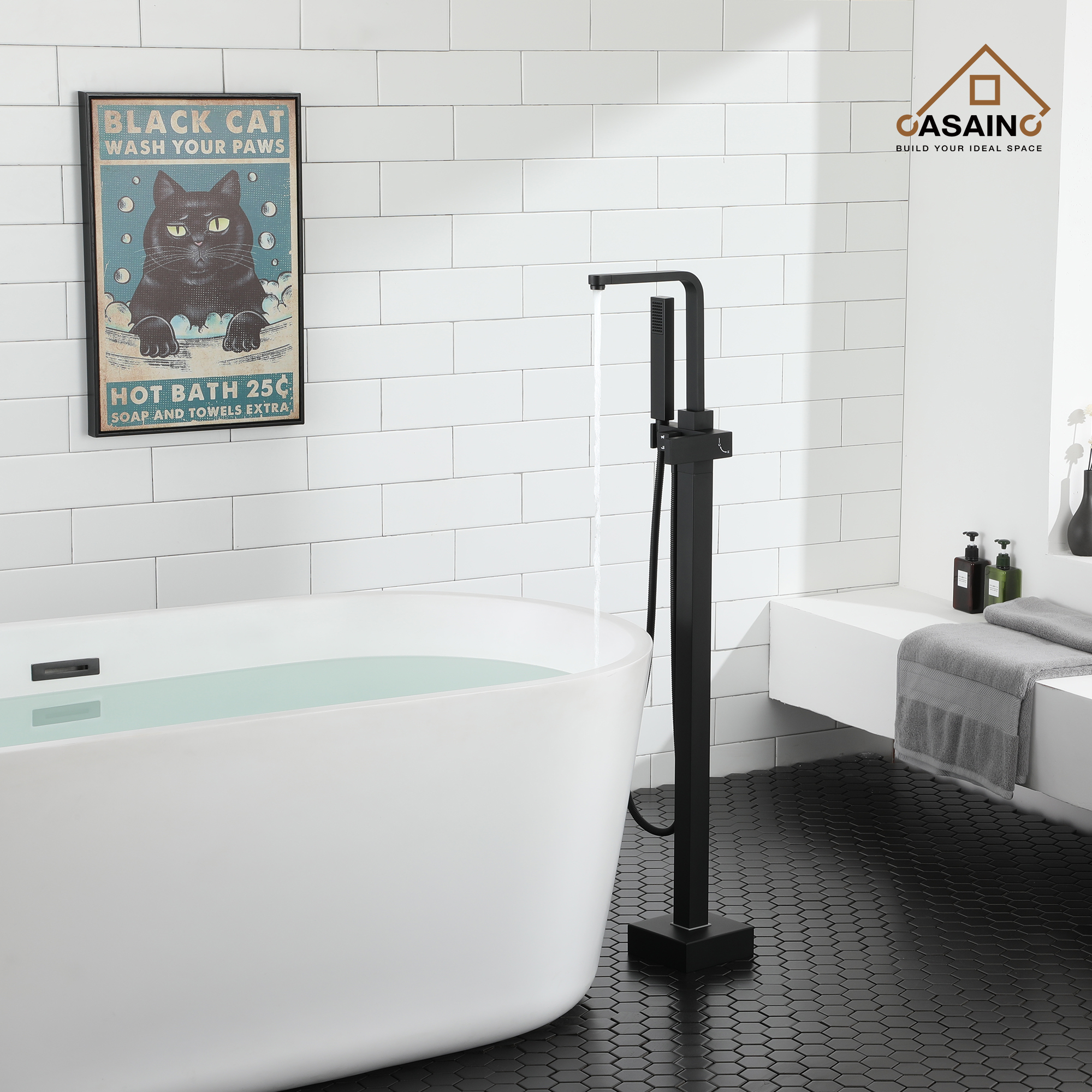 Single-Handle Free-Standing Tub Faucet with Rectangle Hand Shower in Brushed Brass/Brushed Nickel/Oil Rubbed Bronze/Matte Black