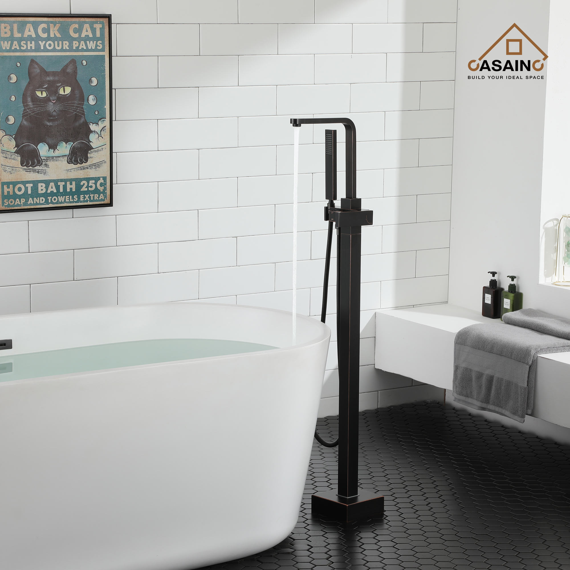 Single-Handle Free-Standing Tub Faucet with Rectangle Hand Shower in Brushed Brass/Brushed Nickel/Oil Rubbed Bronze/Matte Black