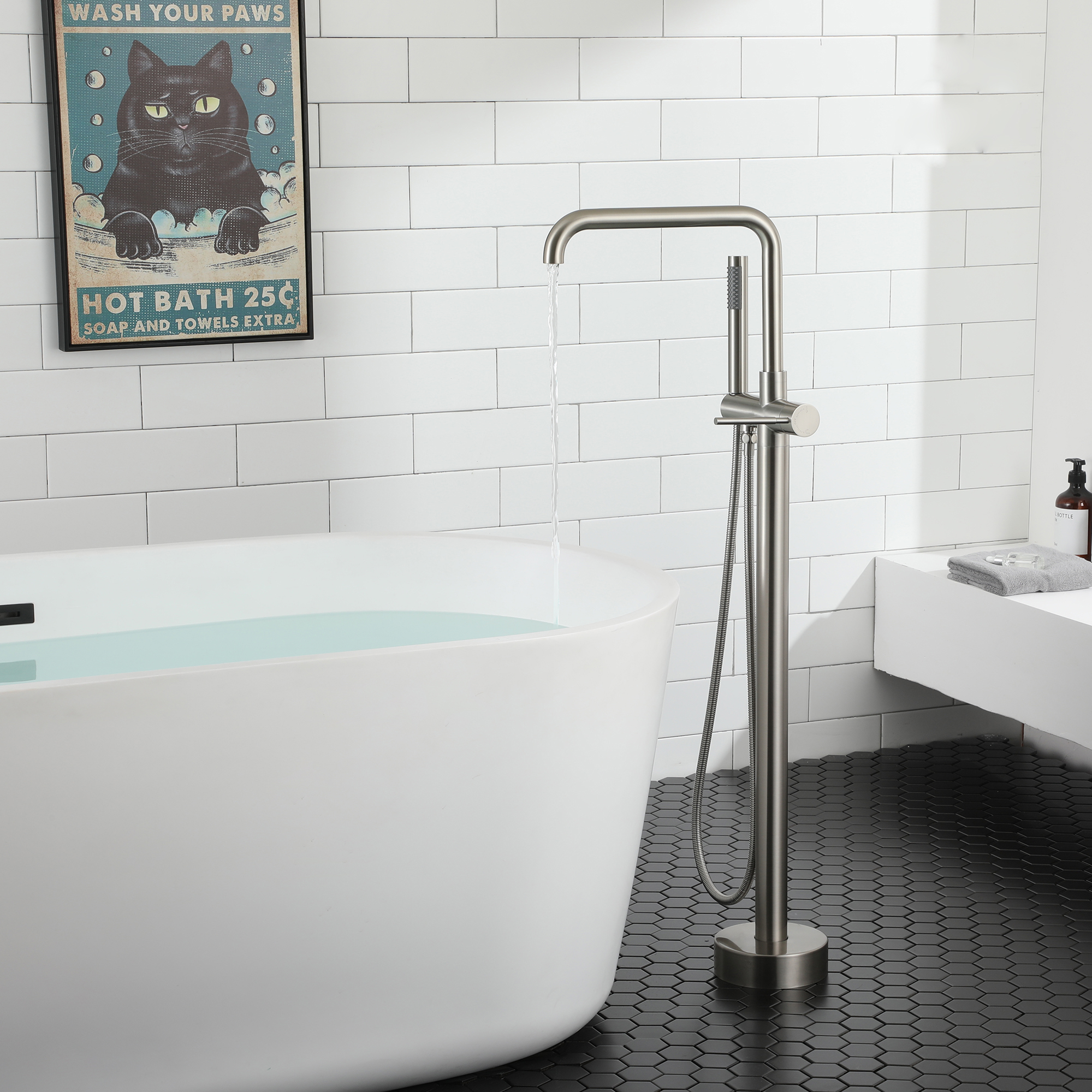 Single-Handle Freestanding Floor Mount Roman Tub Faucet Bathtub Filler with Hand Shower in Matte Black