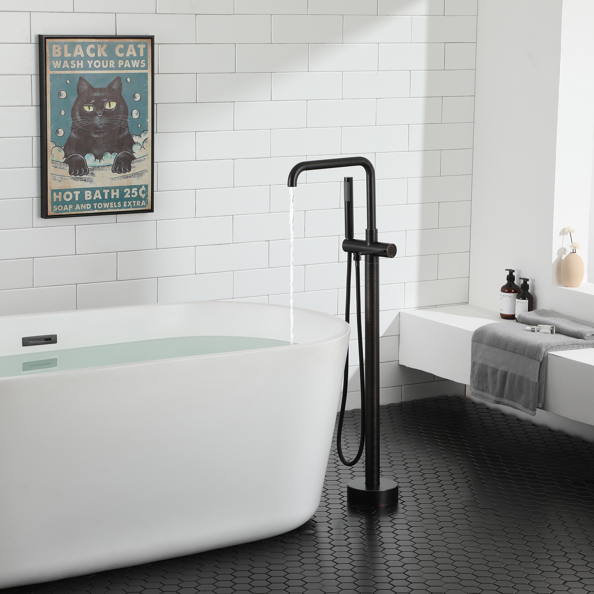 Waterfall Freestanding Bathtub Faucet with Hand Shower and Swivel Spout