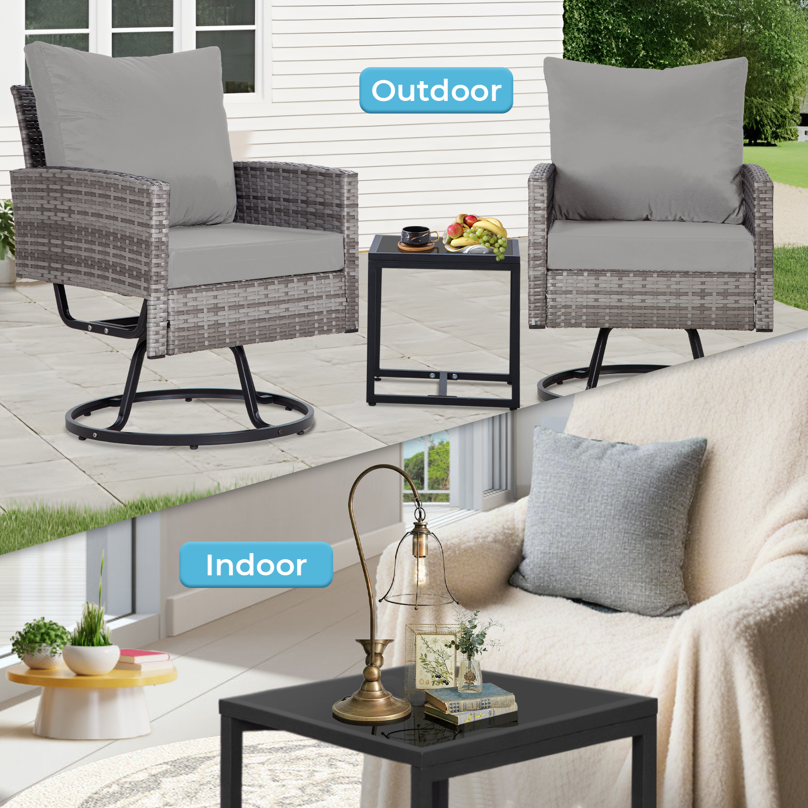 3-Piece Outdoor Swivel Chair Patio Set – 360° PE Rattan Chairs with Cushions & Glass Coffee Table, Gray/Beige/Blue/Dark Gray/Brown