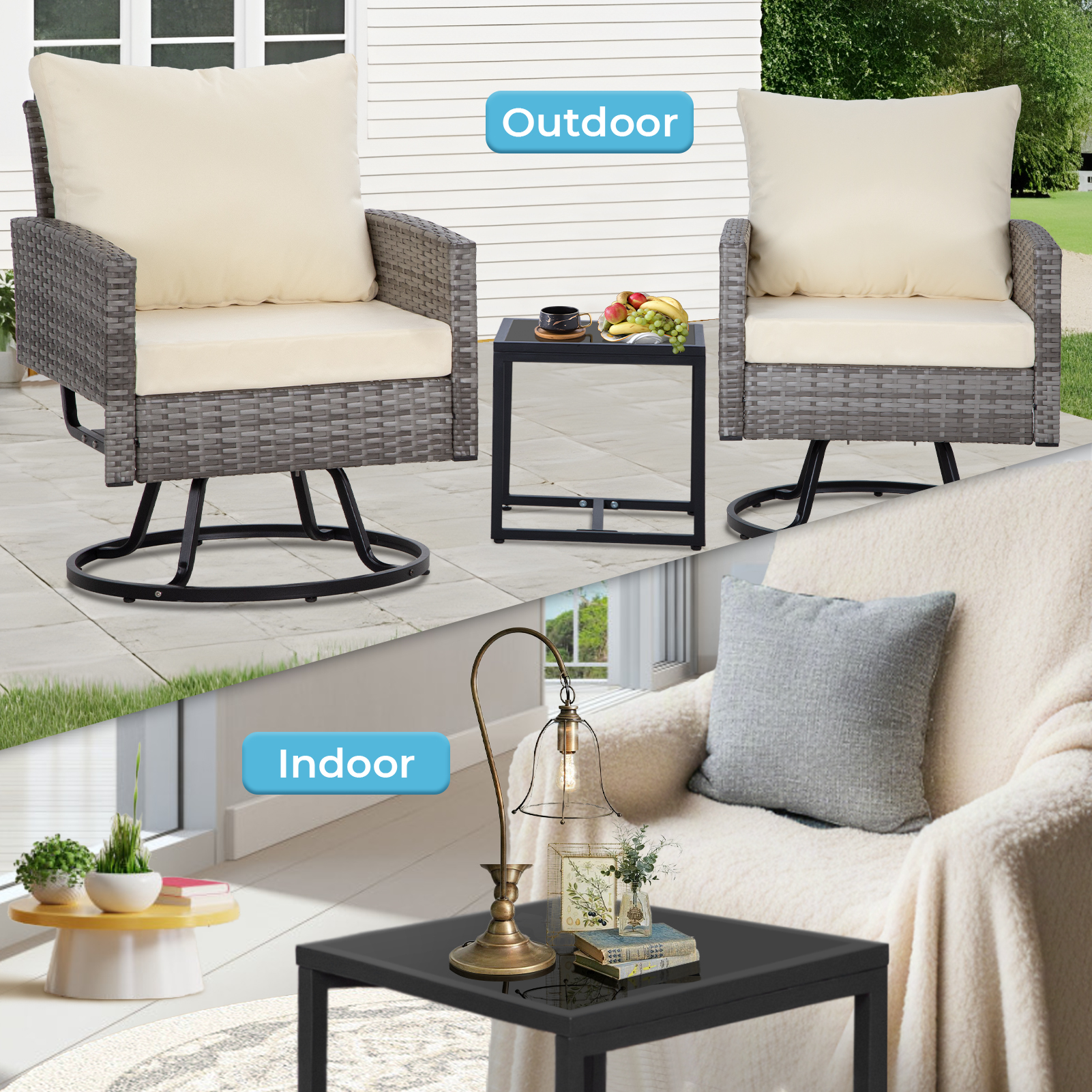 3-Piece Outdoor Swivel Chair Patio Set – 360° PE Rattan Chairs with Cushions & Glass Coffee Table, Gray/Beige/Blue/Dark Gray/Brown