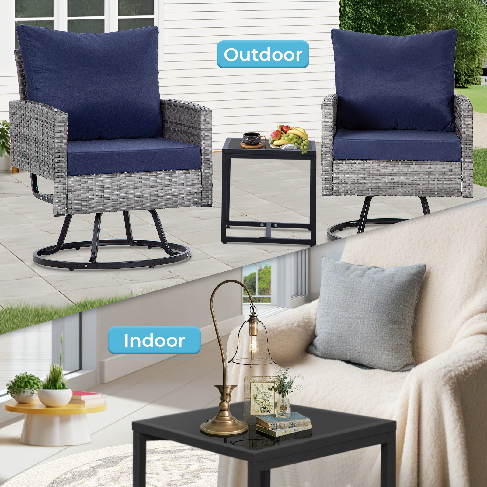 3-Piece Outdoor Swivel Chair Patio Set – 360° PE Rattan Chairs with Cushions & Glass Coffee Table, Gray/Beige/Blue/Dark Gray/Brown