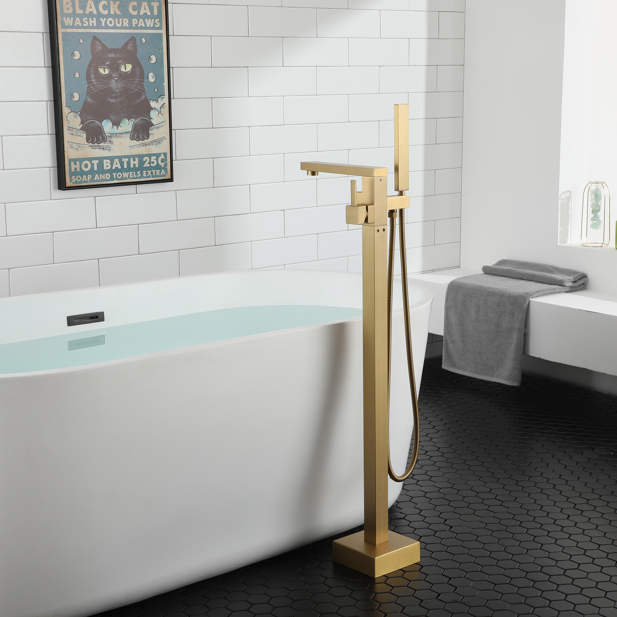 Brushed Brass Single-Handle Floor-Mounted Bathtub Faucet High Flow Bathroom Tub Filler with Hand Shower