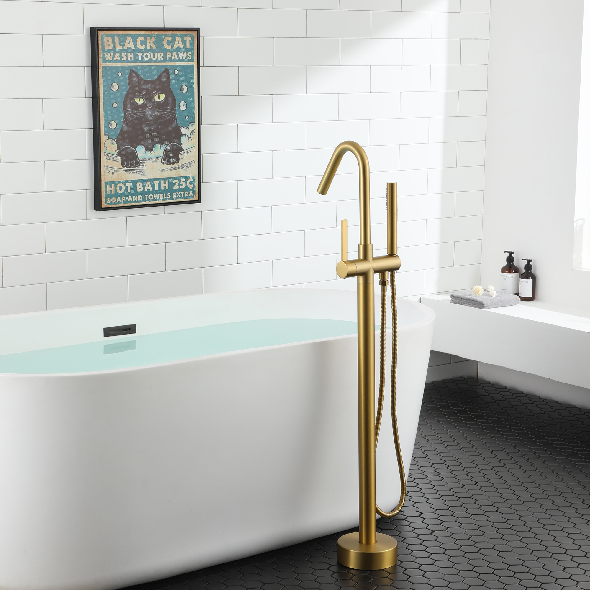 Freestanding Bathtub Faucet with Hand Shower, 360-Degree Swivel Spout, 2.7 GPM High Flow Rate Brushed Brass