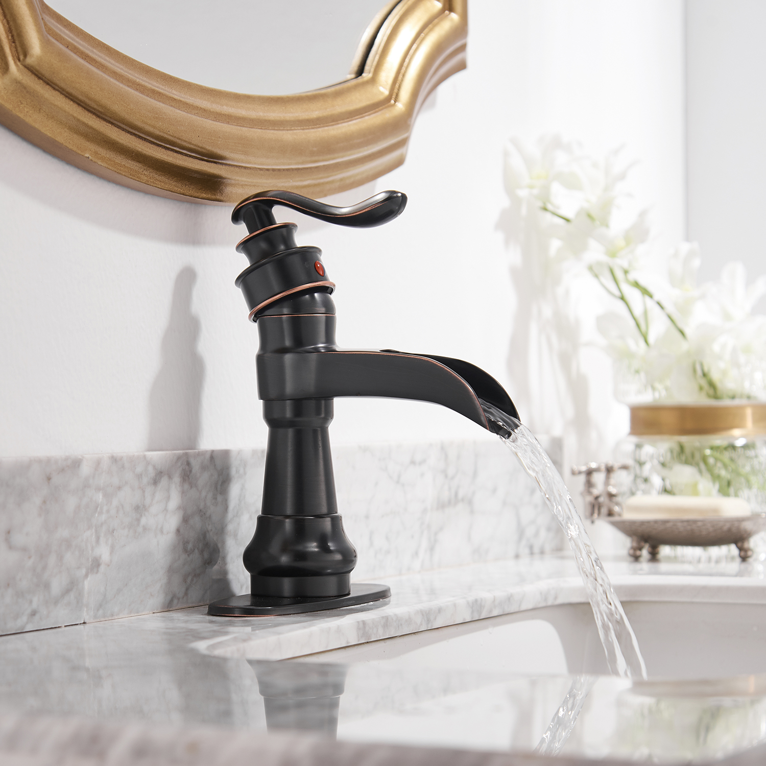 Single Handle Single Hole Bathroom Faucet with Deckplate Included, Pop Up Drain and Water Supply Hoses in Brushed Nickel/Oil Rubbed Bronze