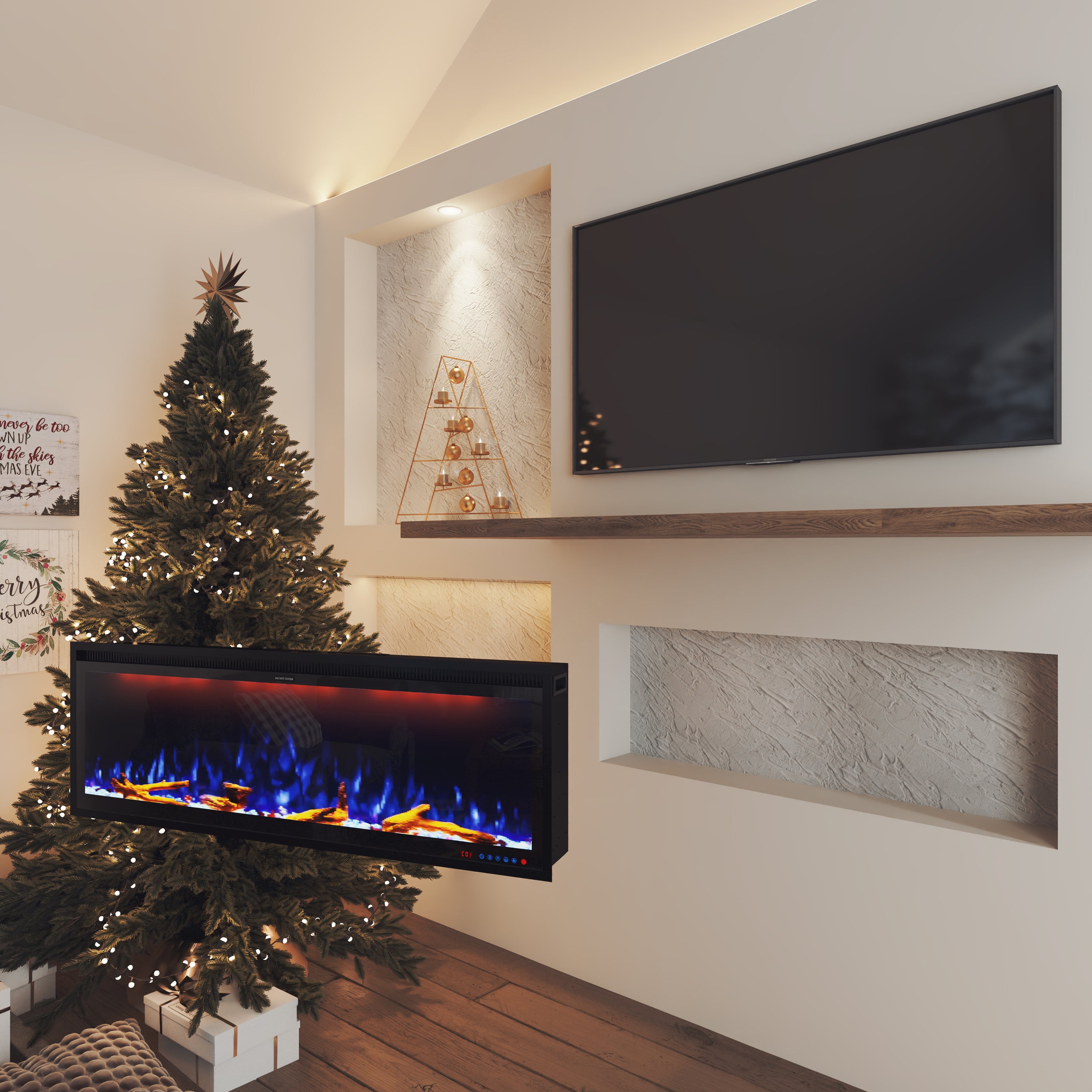 50/60/74/88-in W Black LED Wall-mount Electric Fireplace with Remote Control Included