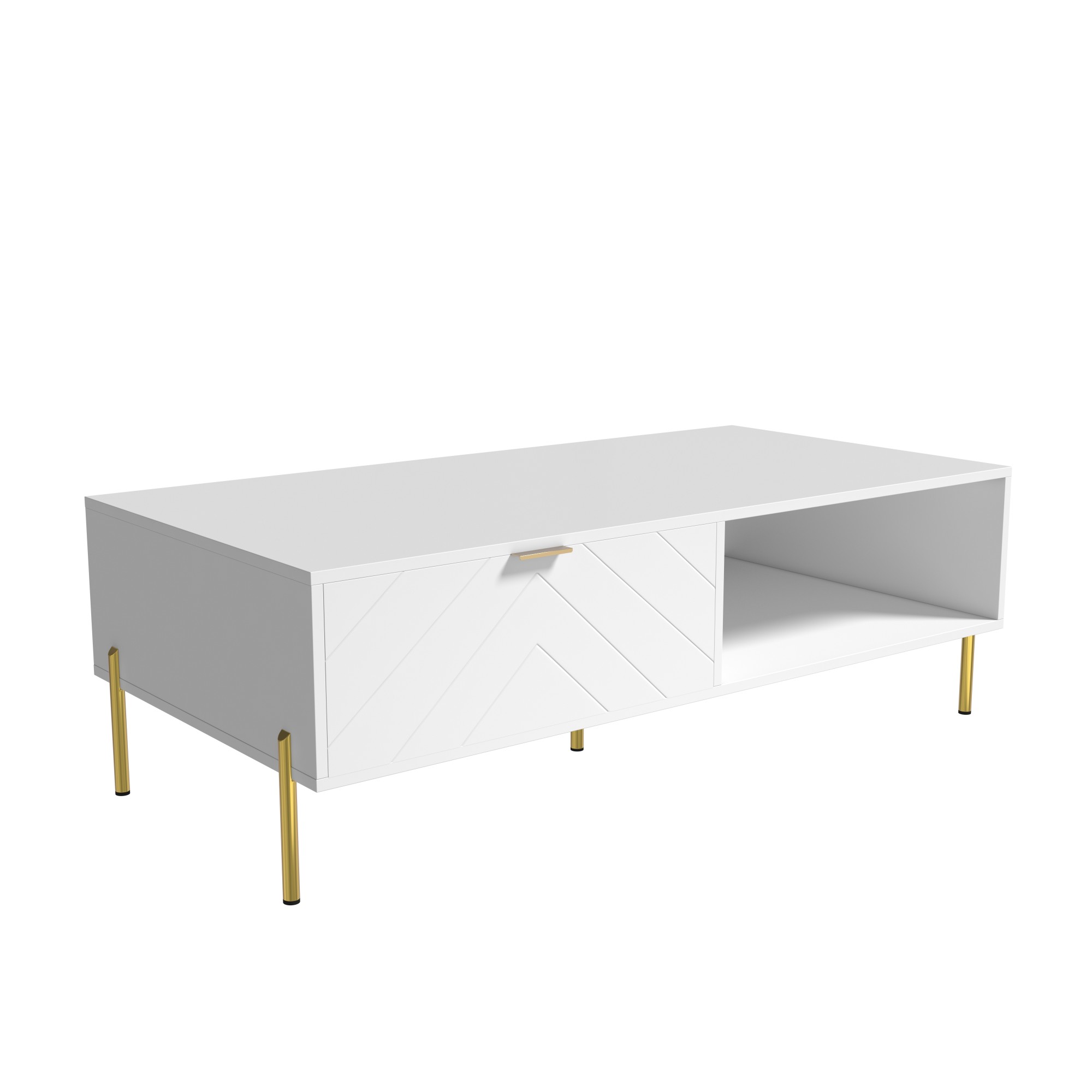 Mid-Century Modern Coffee Table, 48" Rectangle Coffee Table with Double Drawers, Gold Metal Decor, Center Table for Living Room,White