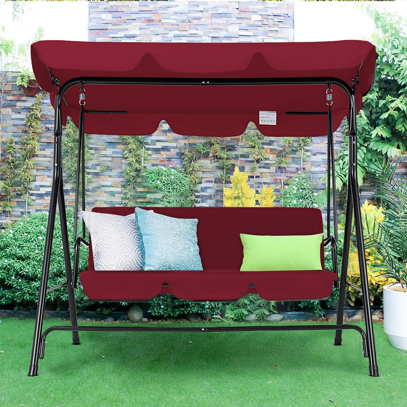 3-Person Steel Frame Outdoor Patio Porch Swing Chair in Beige/Navy Blue/Red/Brown/Dark Gray With Adjustable Canopy