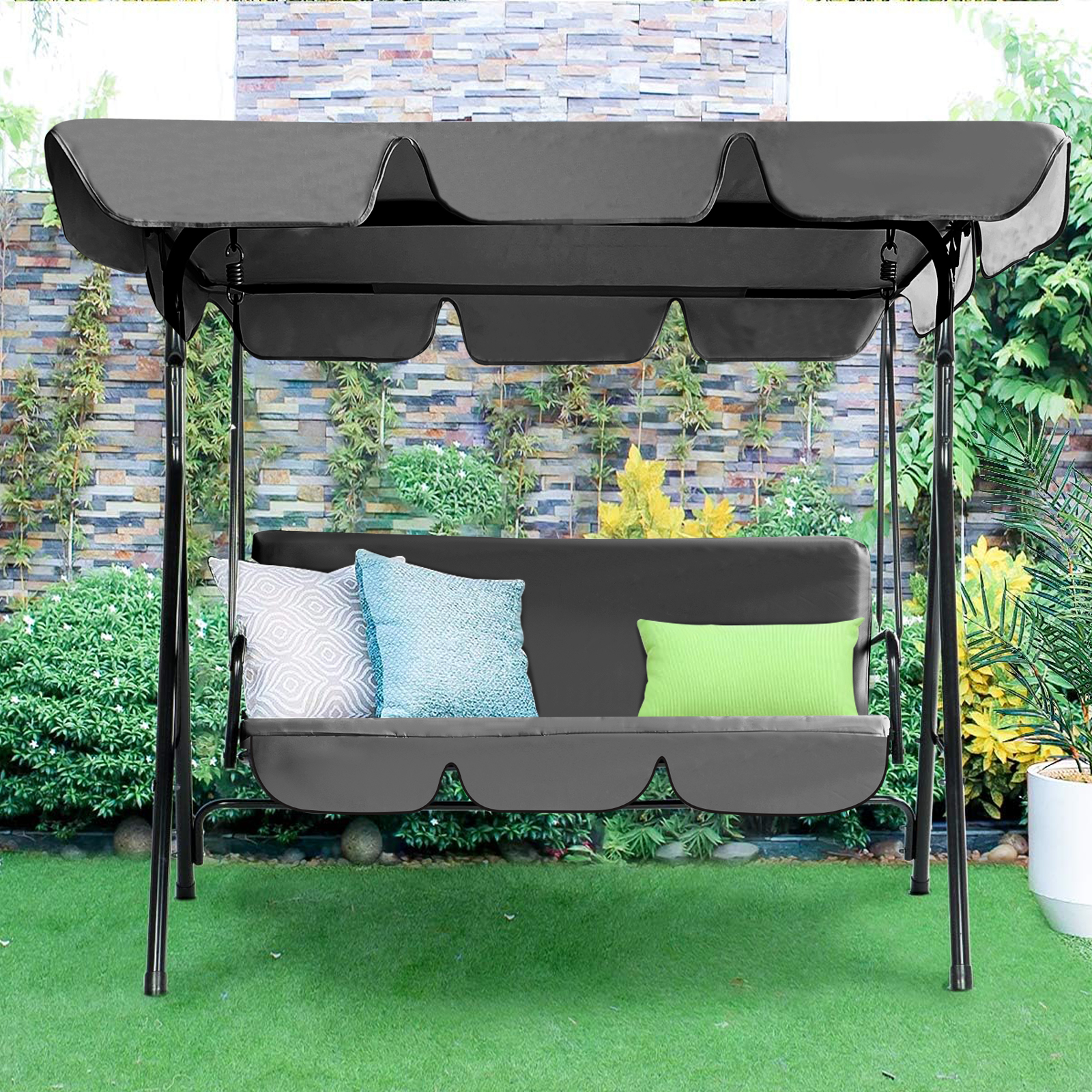 3-Person Steel Frame Outdoor Patio Porch Swing Chair in Beige/Navy Blue/Red/Brown/Dark Gray With Adjustable Canopy