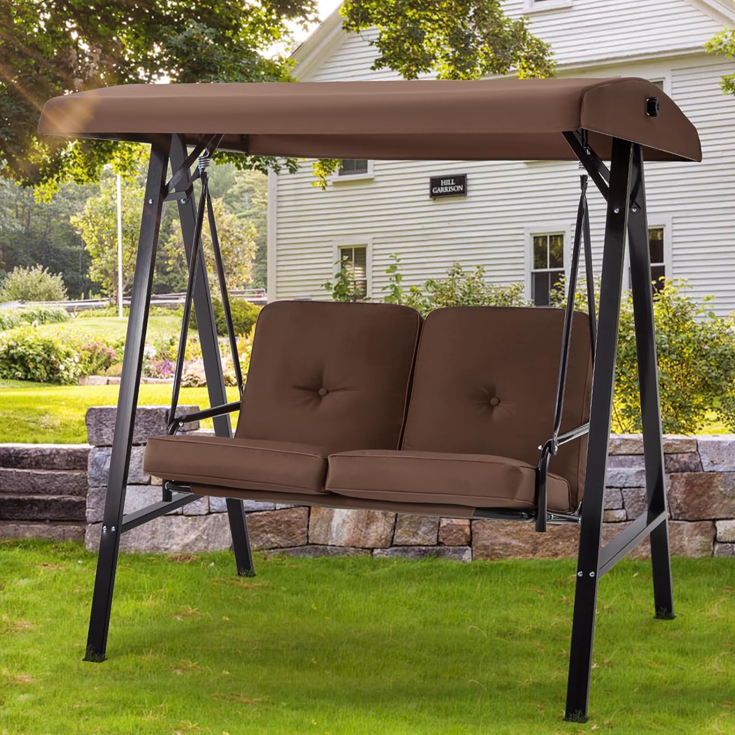 2-Person Metal Patio Swing with Canopy and Cushions in Brown/Black/Red