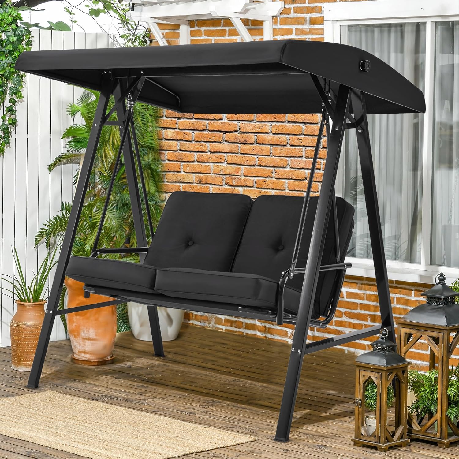 2-Person Metal Patio Swing with Canopy and Cushions in Brown/Black/Red