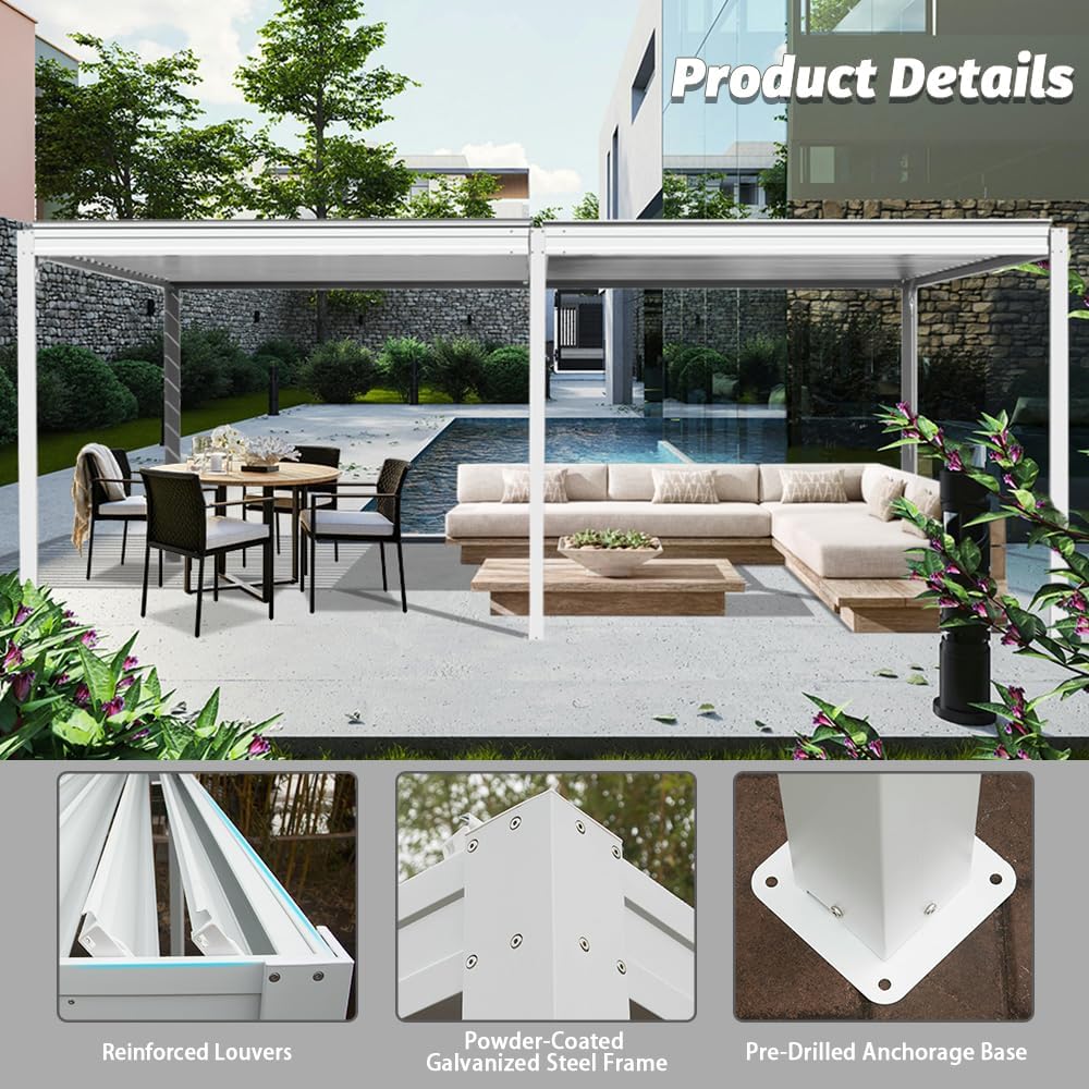 Louvered Pergola 10X20FT, Wood Grain Aluminum Pergola with Adjustable Roof, Wood Looking Aluminum Frame, Efficient Drainage System, Outdoor Pergola for Patio, Deck, Garden