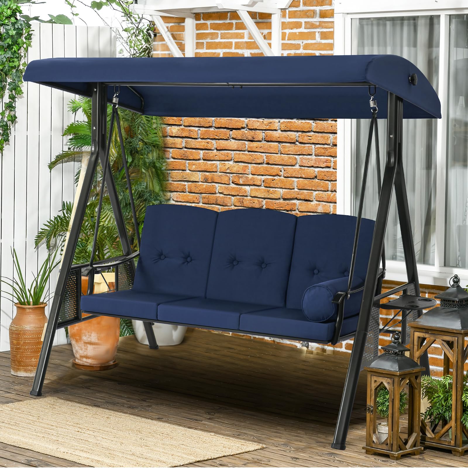 3-Person Metal Outdoor Patio Swing Chair In Navy Blue/Brown/Red/Black With Canopy And Cushions