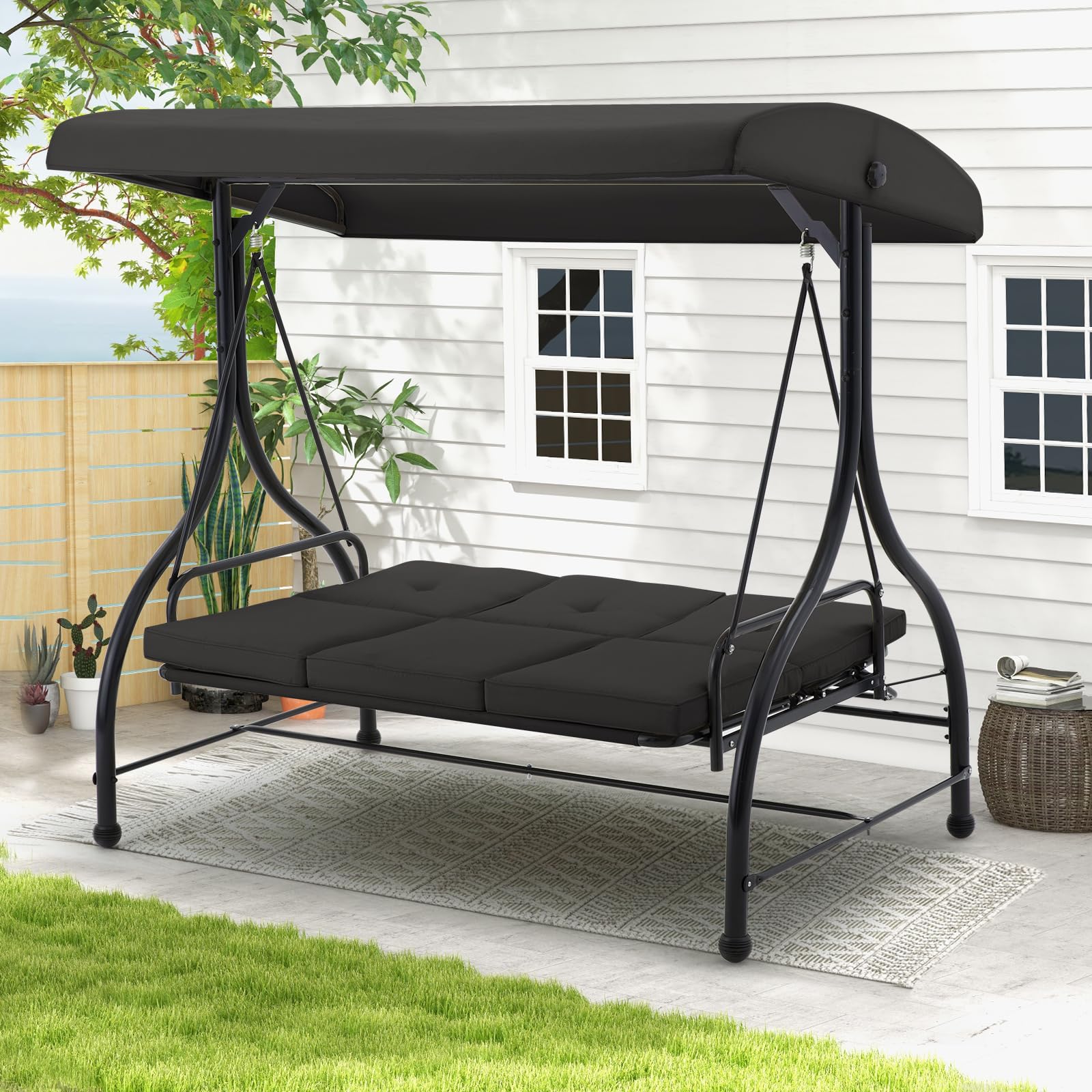 3-Seat Heavy-Duty Metal Patio Swing With Plush Black/Brown/Navy Blue/Red Cushions – Perfect For Relaxing Outdoors