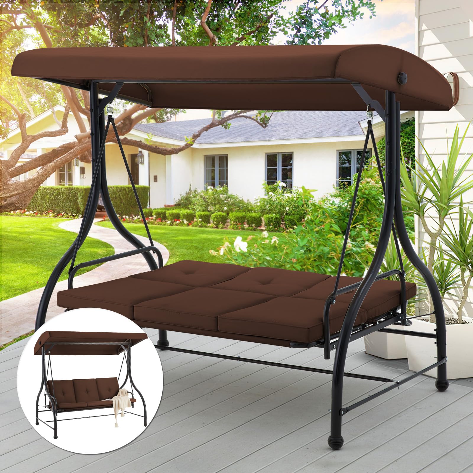 3-Seat Heavy-Duty Metal Patio Swing With Plush Black/Brown/Navy Blue/Red Cushions – Perfect For Relaxing Outdoors