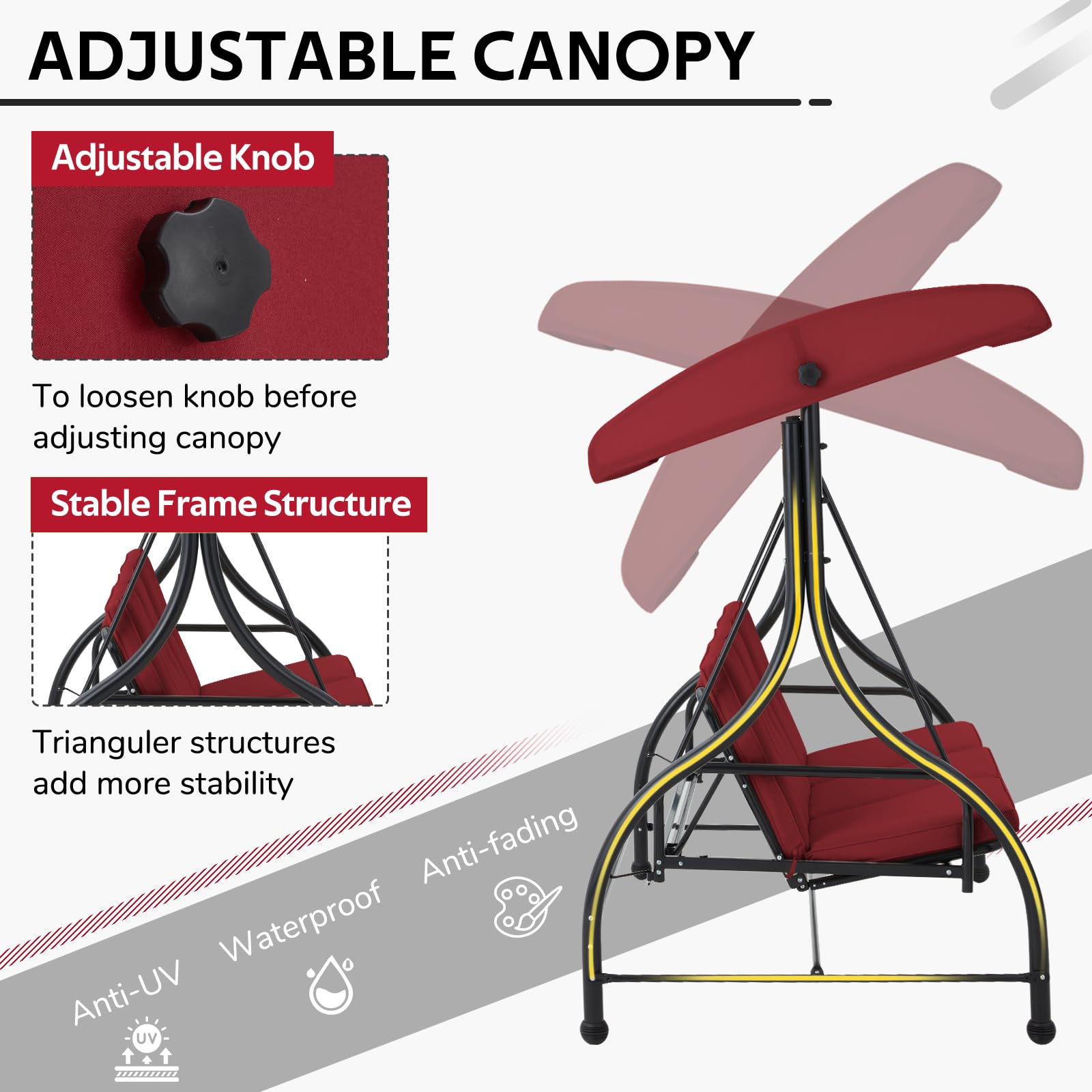 3-Seat Heavy-Duty Metal Patio Swing With Plush Black/Brown/Navy Blue/Red Cushions – Perfect For Relaxing Outdoors