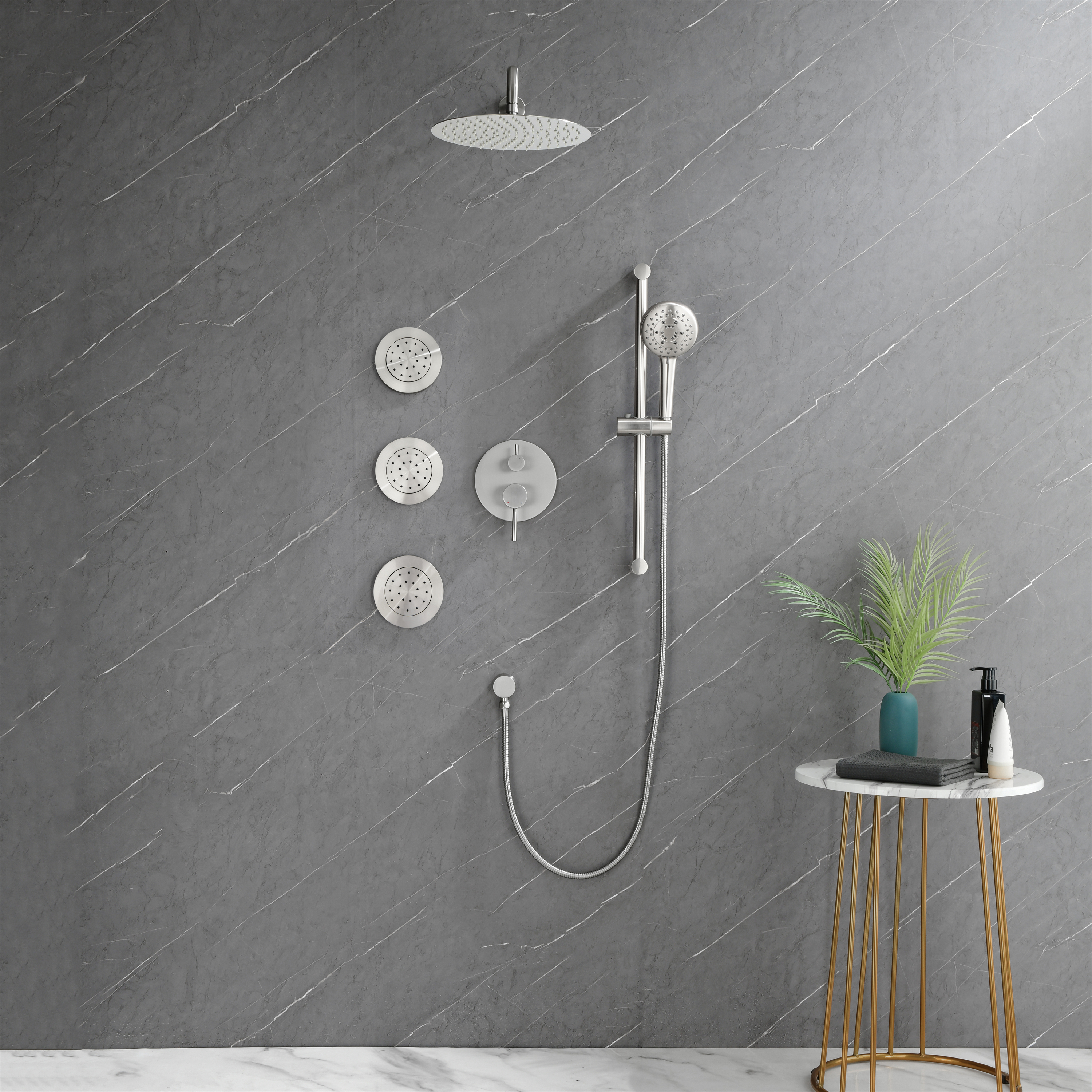 3-Spray Square High Pressure Deluxe Wall Bar Shower Kit with Slide Bar and 3-Body Spray in Brushed Nickel/Matte Black-Mondawe