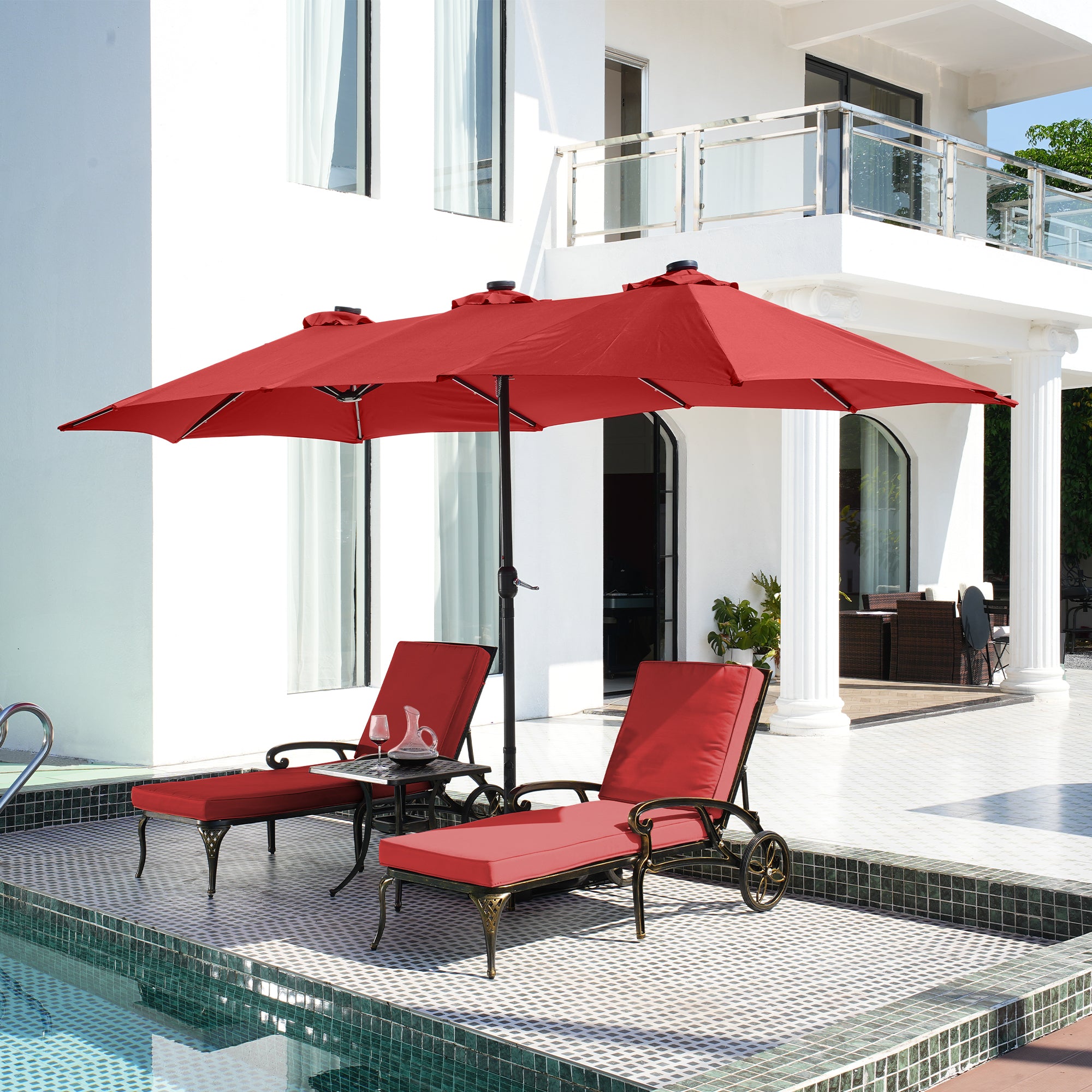 3-Piece Cast Aluminum Outdoor Chaise Lounge with Side Table and Beige/Red Cushion