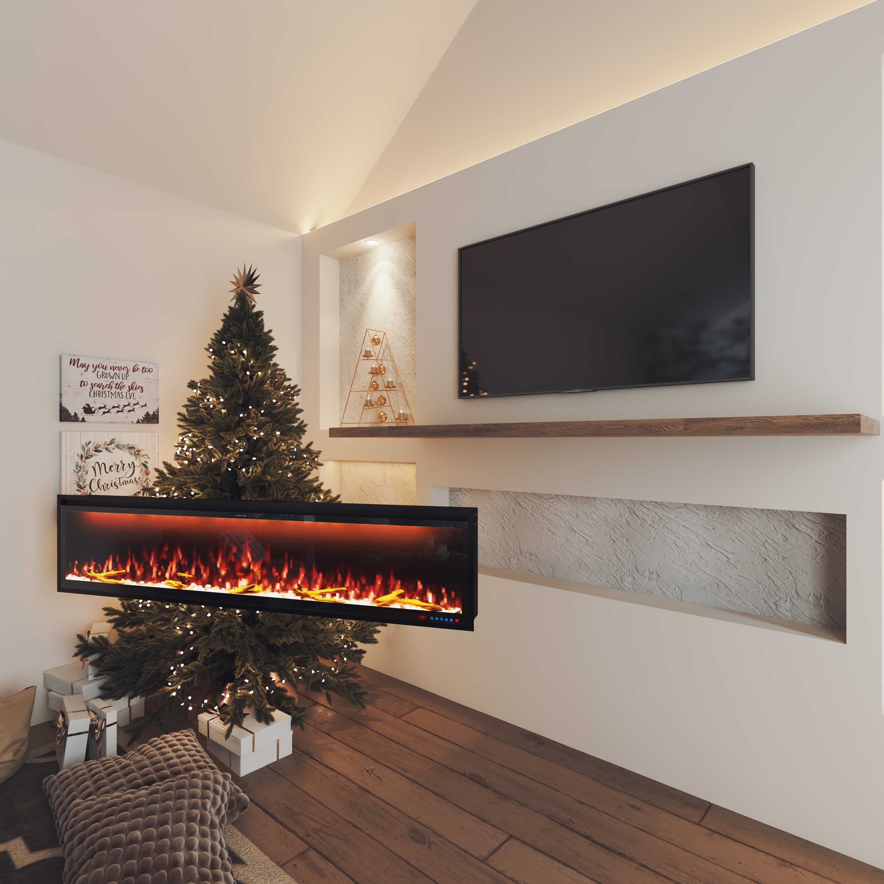 50/60/74/88-in W Black LED Wall-mount Electric Fireplace with Remote Control Included