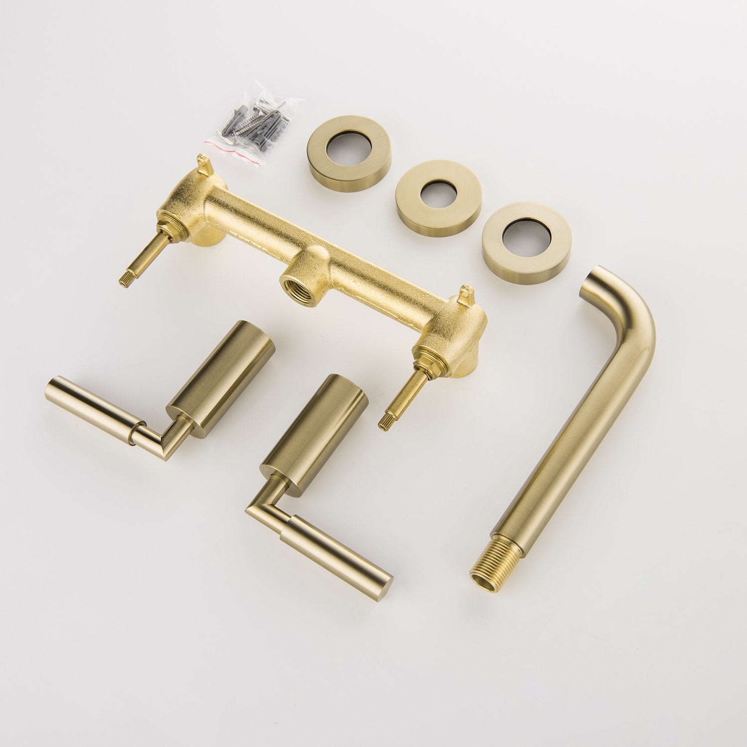Modern 2-Handle 3-Hole Brass Wall Mounted Bathroom Faucet in Brushed Gold