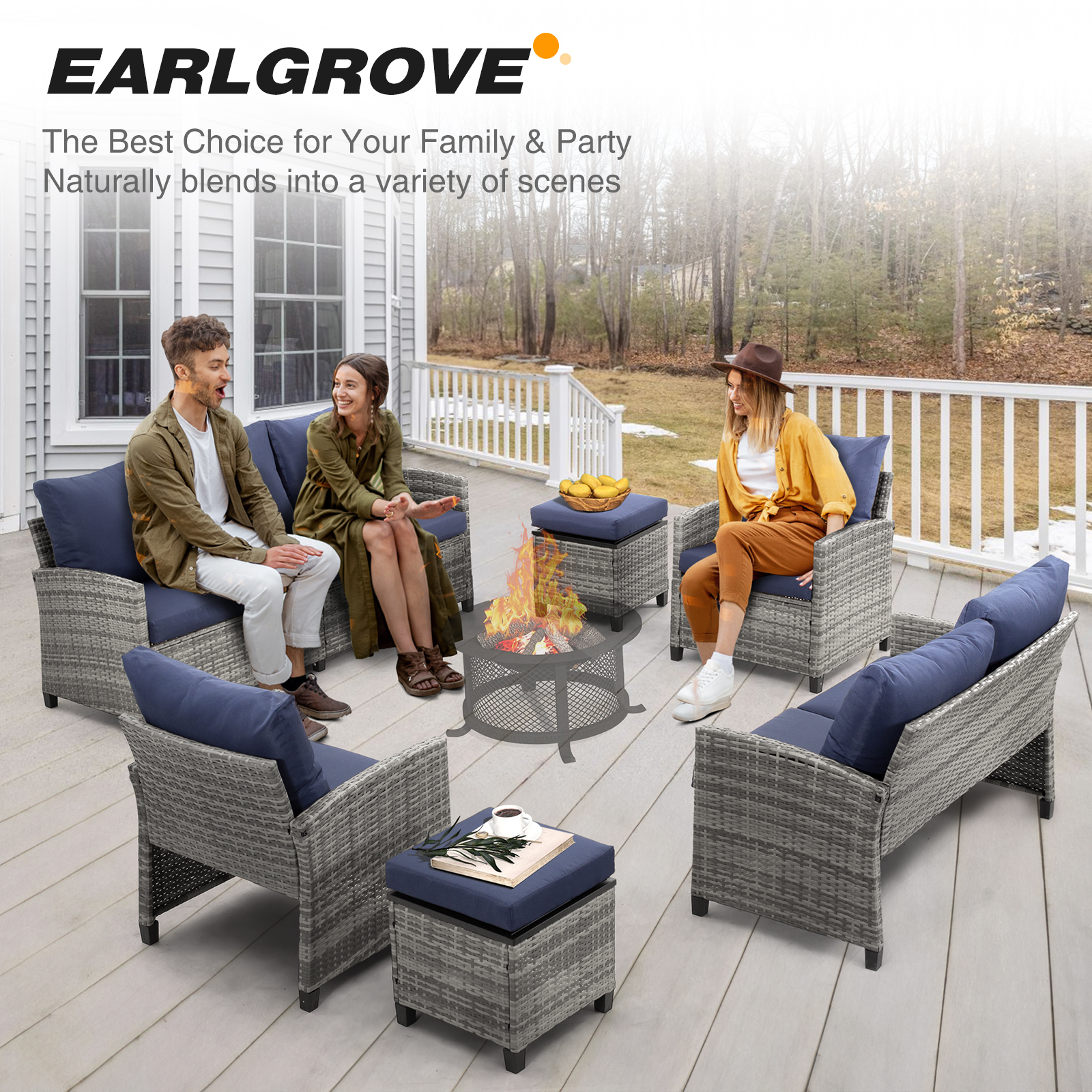 5-Piece PE Rattan Patio Furniture Set – 3-Seater Sofa, 2 Armchairs, 2 Ottomans with Cushions, Outdoor Lounge Seating, Gray/Beige/Blue