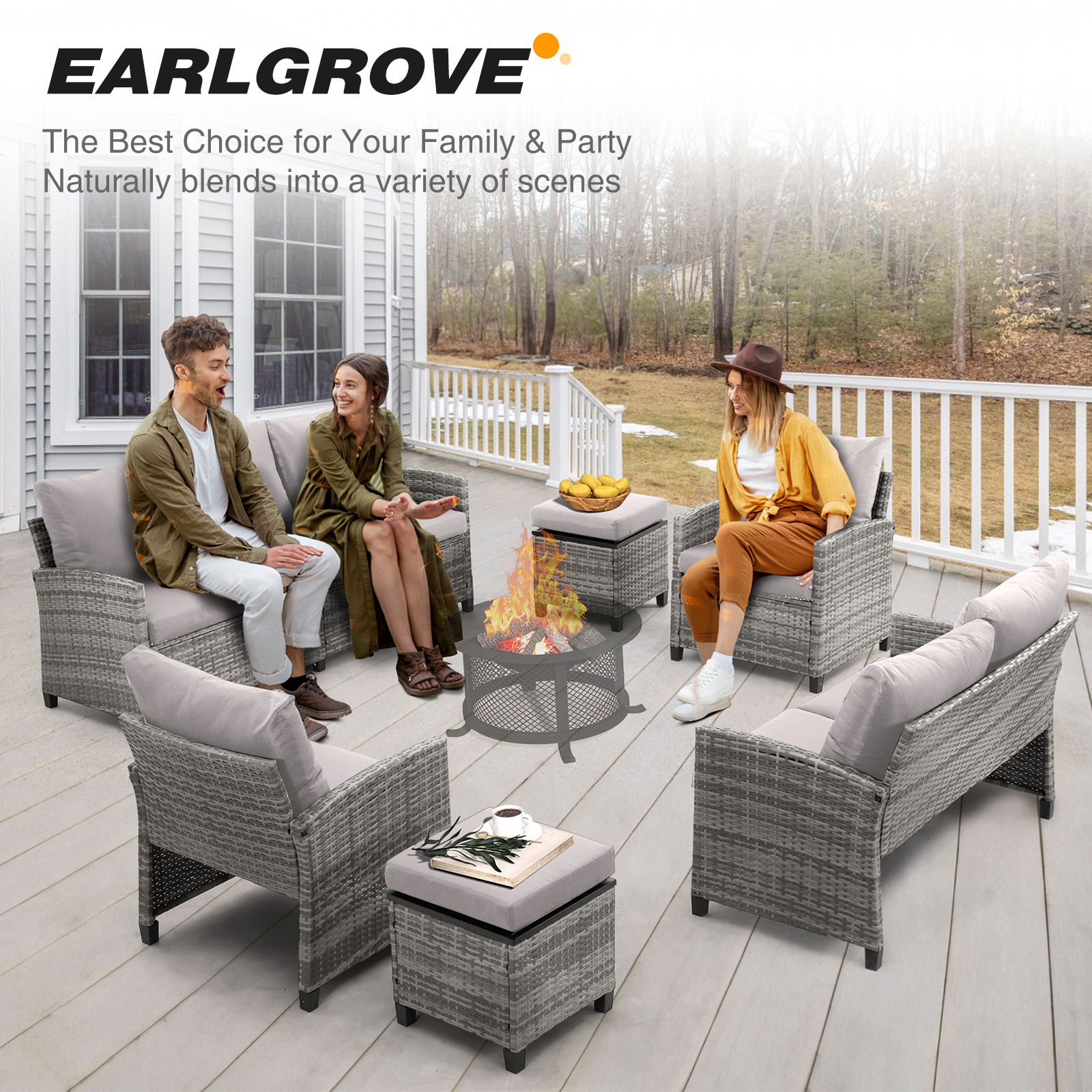 5-Piece PE Rattan Patio Furniture Set – 3-Seater Sofa, 2 Armchairs, 2 Ottomans with Cushions, Outdoor Lounge Seating, Gray/Beige/Blue