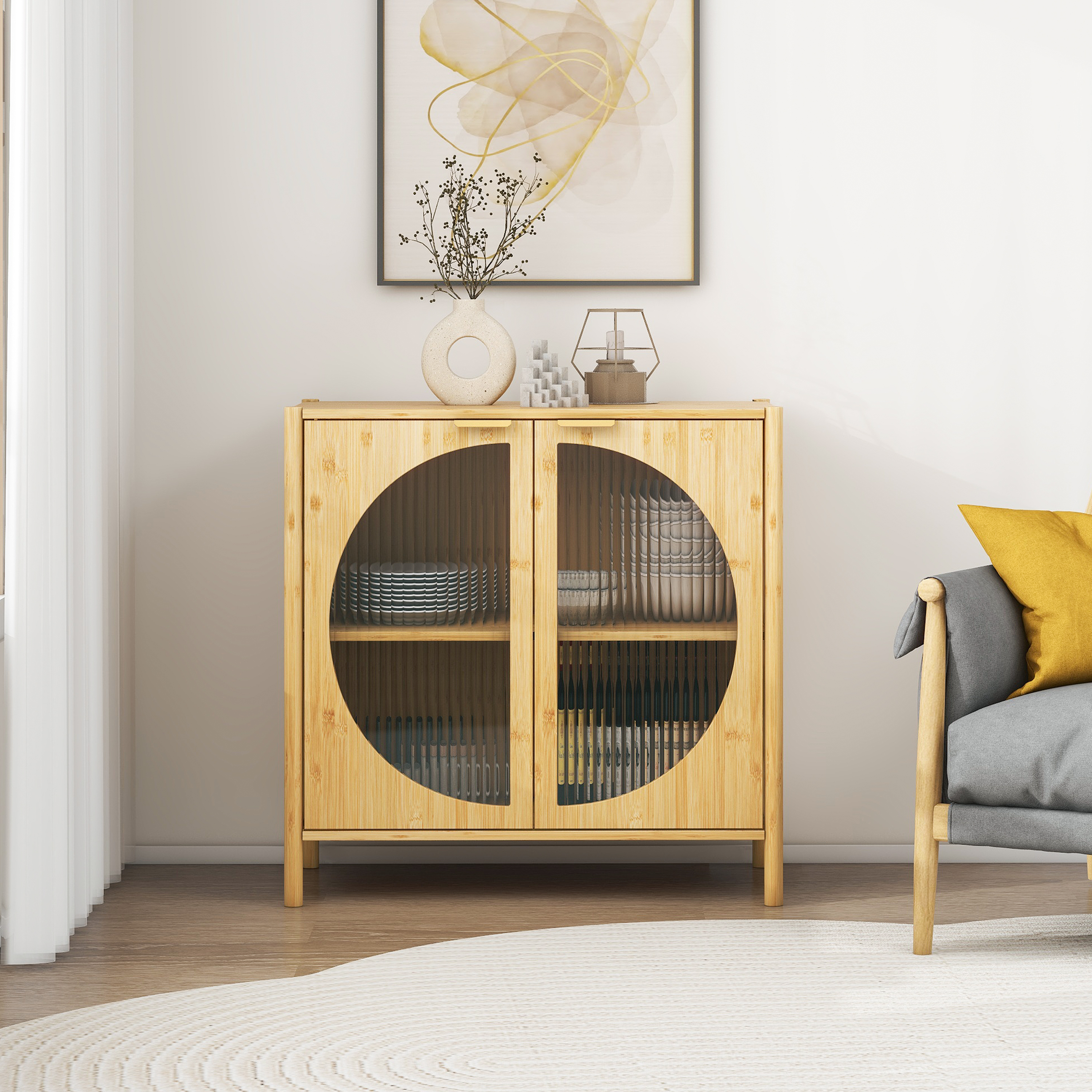 Bamboo 2 door cabinet, Buffet Sideboard Storage Cabinet, Buffet Server Console Table, for Dining Room, Living Room, Kitchen, Hallway 