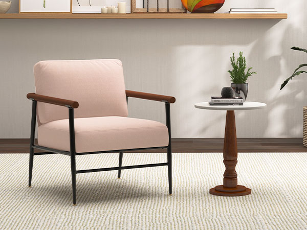 Modern Accent Chair, Wood Armrests and Black Metal Frame, Comfy Lounge Chair with Beige Seat Cushion&Backrest