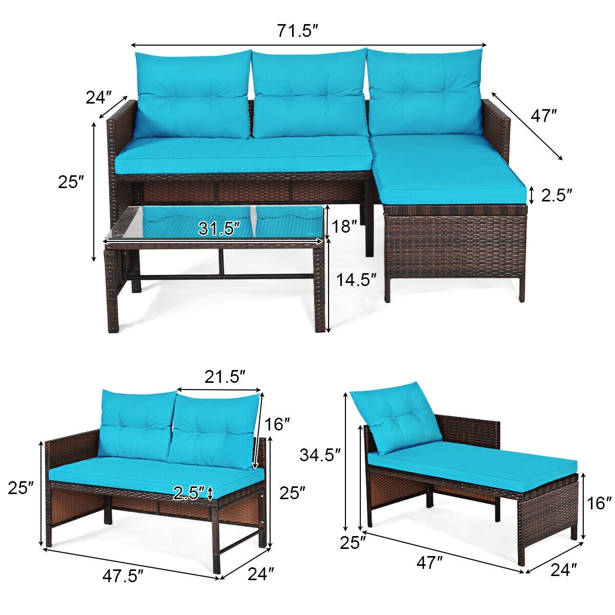 Mondawe 3 Piece Patio Wicker Rattan Sofa Set-Turquoise-Mondawe