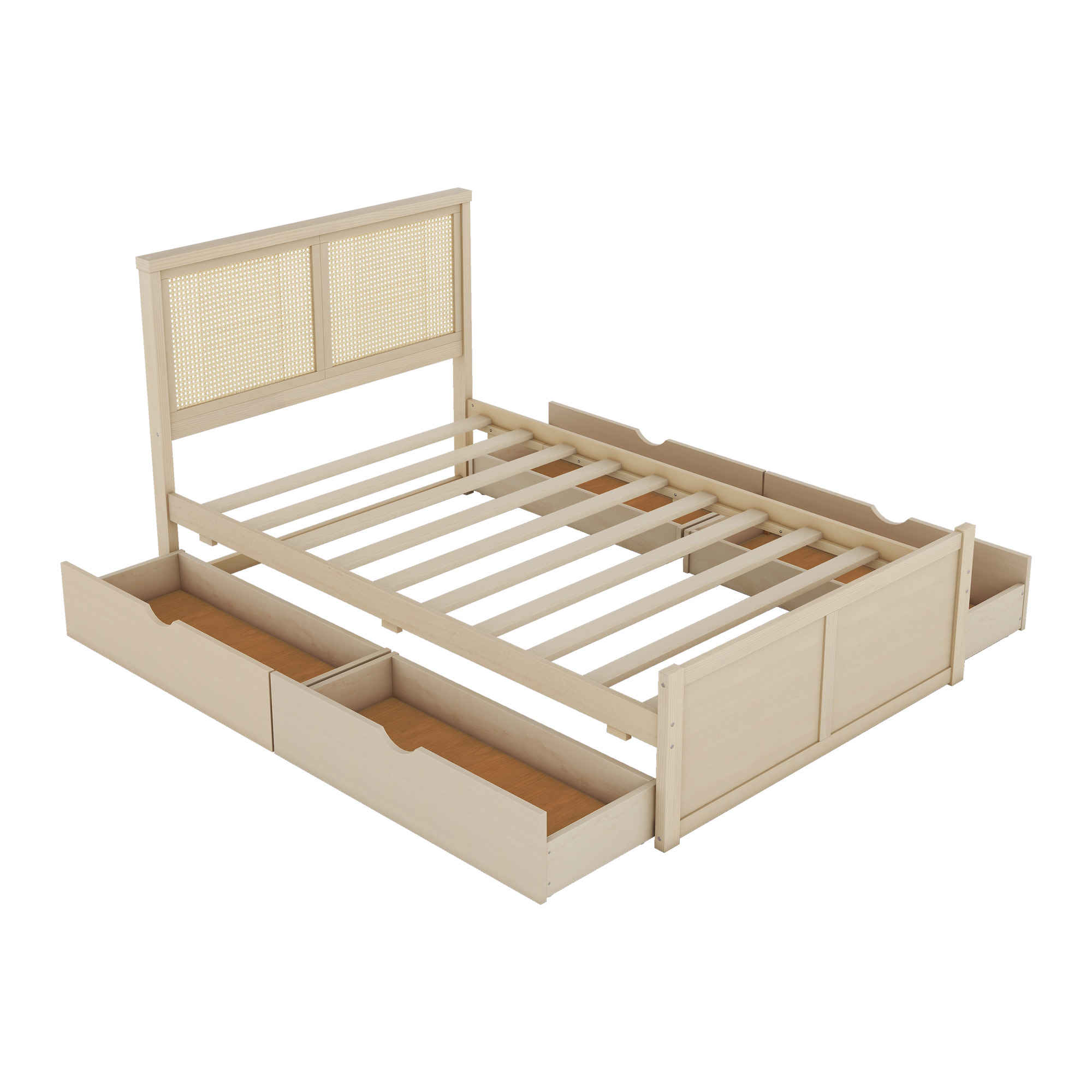 Queen/Full Size Wood Storage Platform Bed with 4 Drawers, Rattan Headboard, Espresso/Nature 
