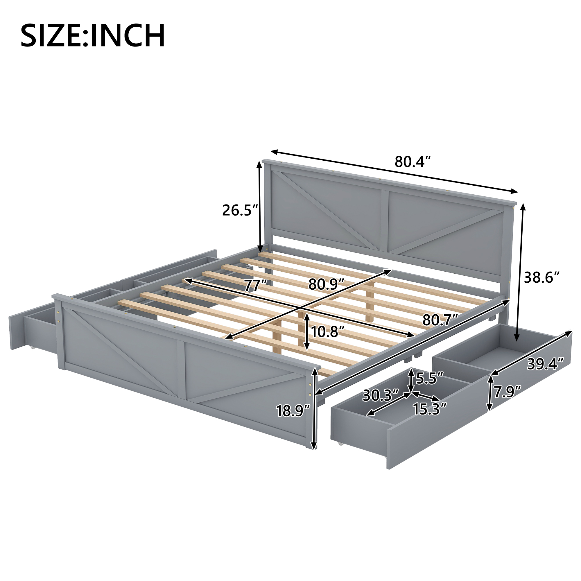 King/Queen Size Wooden Platform Bed with Four Storage Drawers and Support Legs, White/Gray