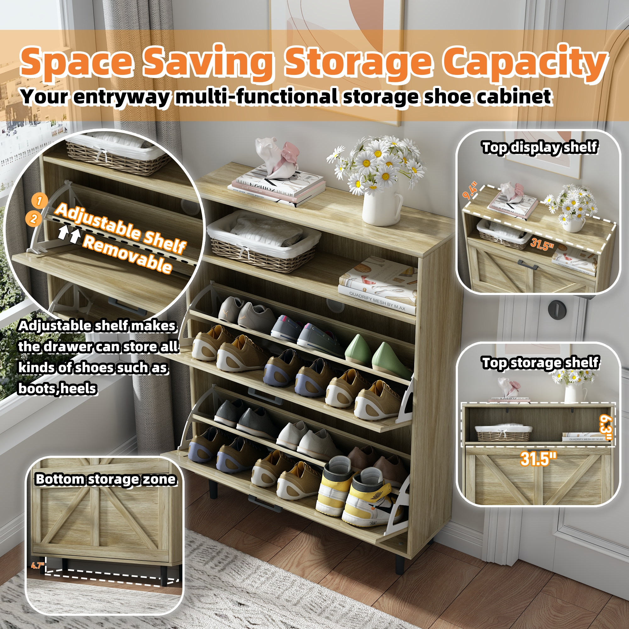 Farmhouse Shoe Storage Cabinet with Barn Door Design, Shoe Organizer with 2 Flip Drawers, Freestanding Narrow Shoe Rack Cabinet with Open Storage for Entryway,Foyer,Hallway,(Antique White/Natural Wood) 