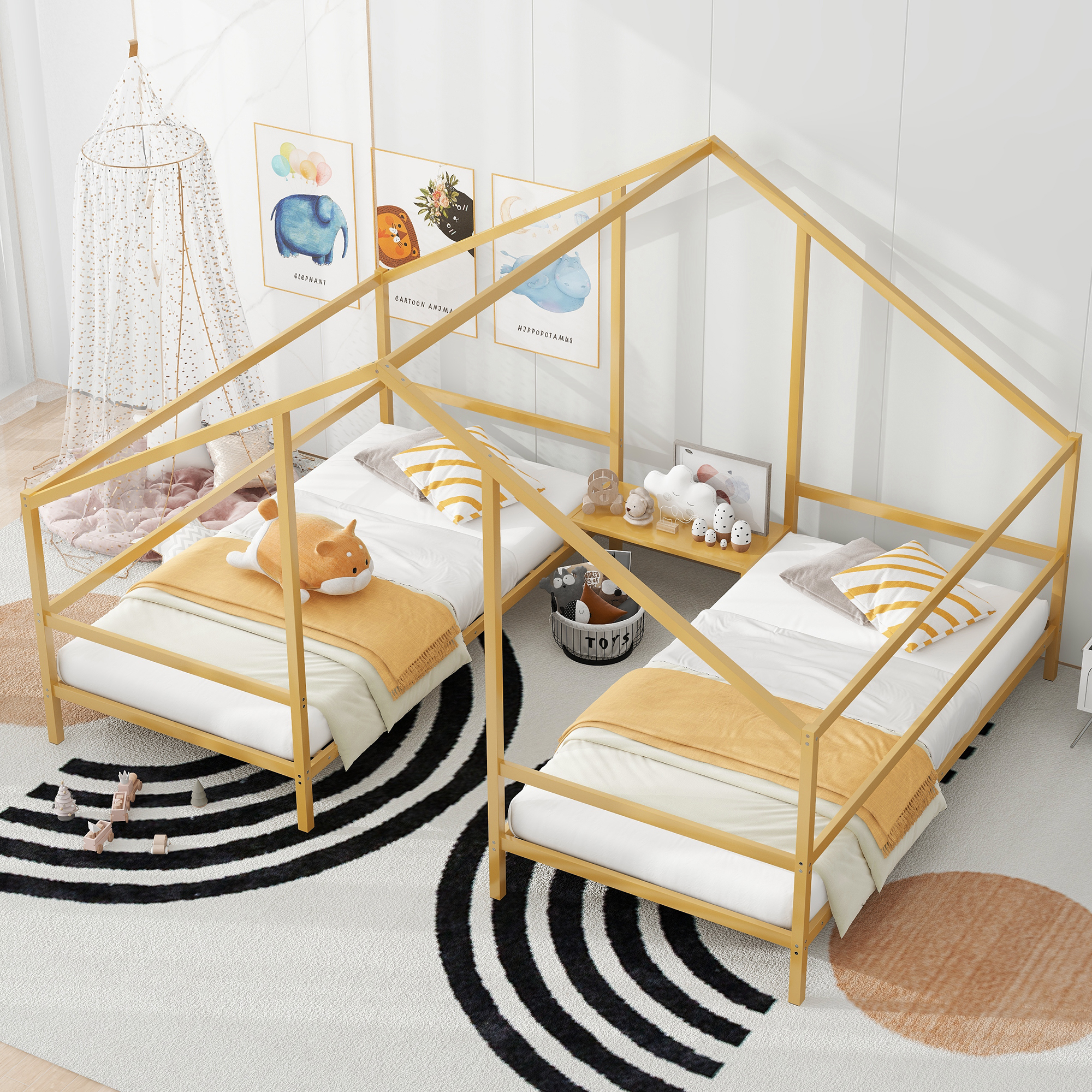 Metal Double Twin Size Triangular House Beds with Built-in Table, Gold/White