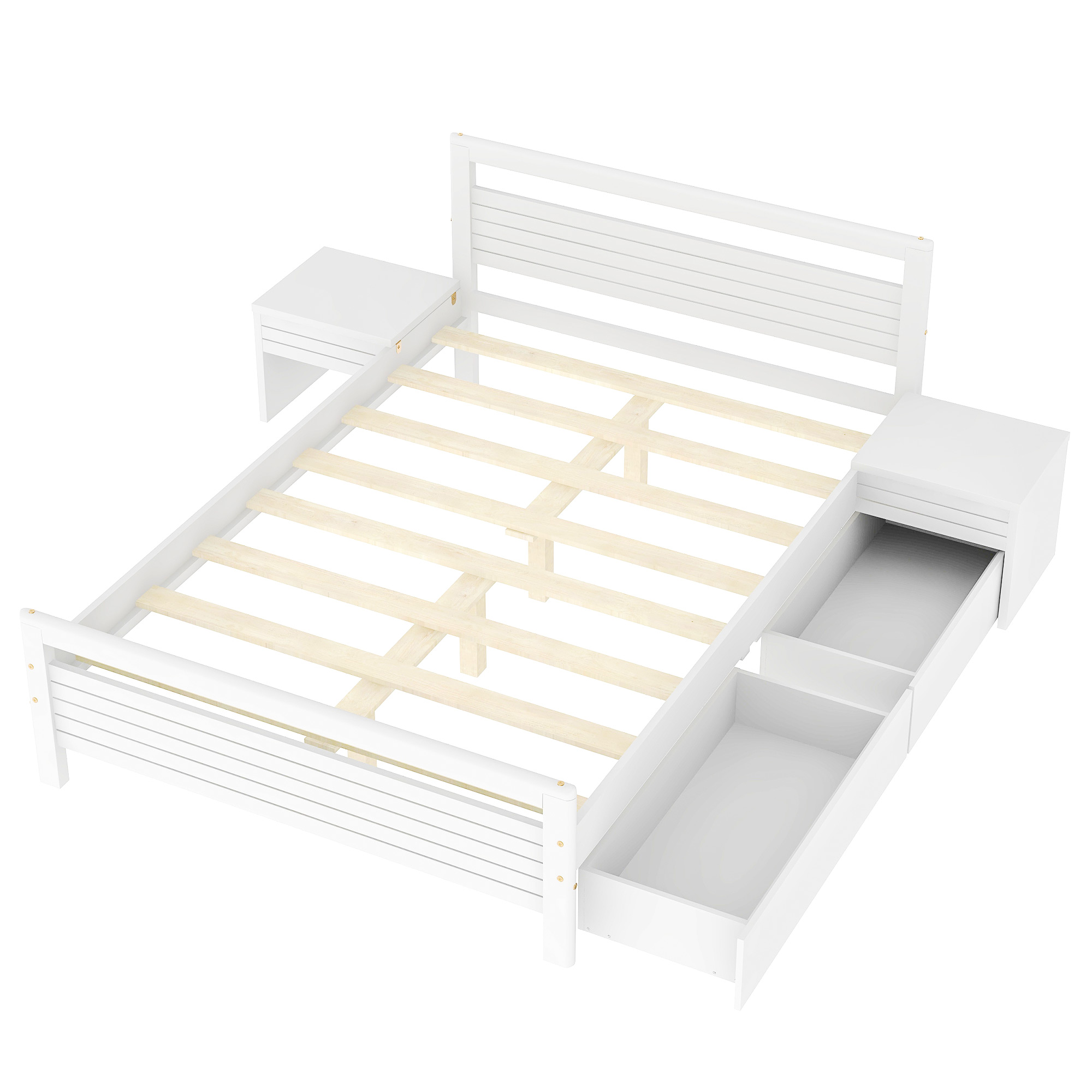 Full Size Wooden Platform Bed with 2 Storage Drawers and 2 bedside tables, White 
